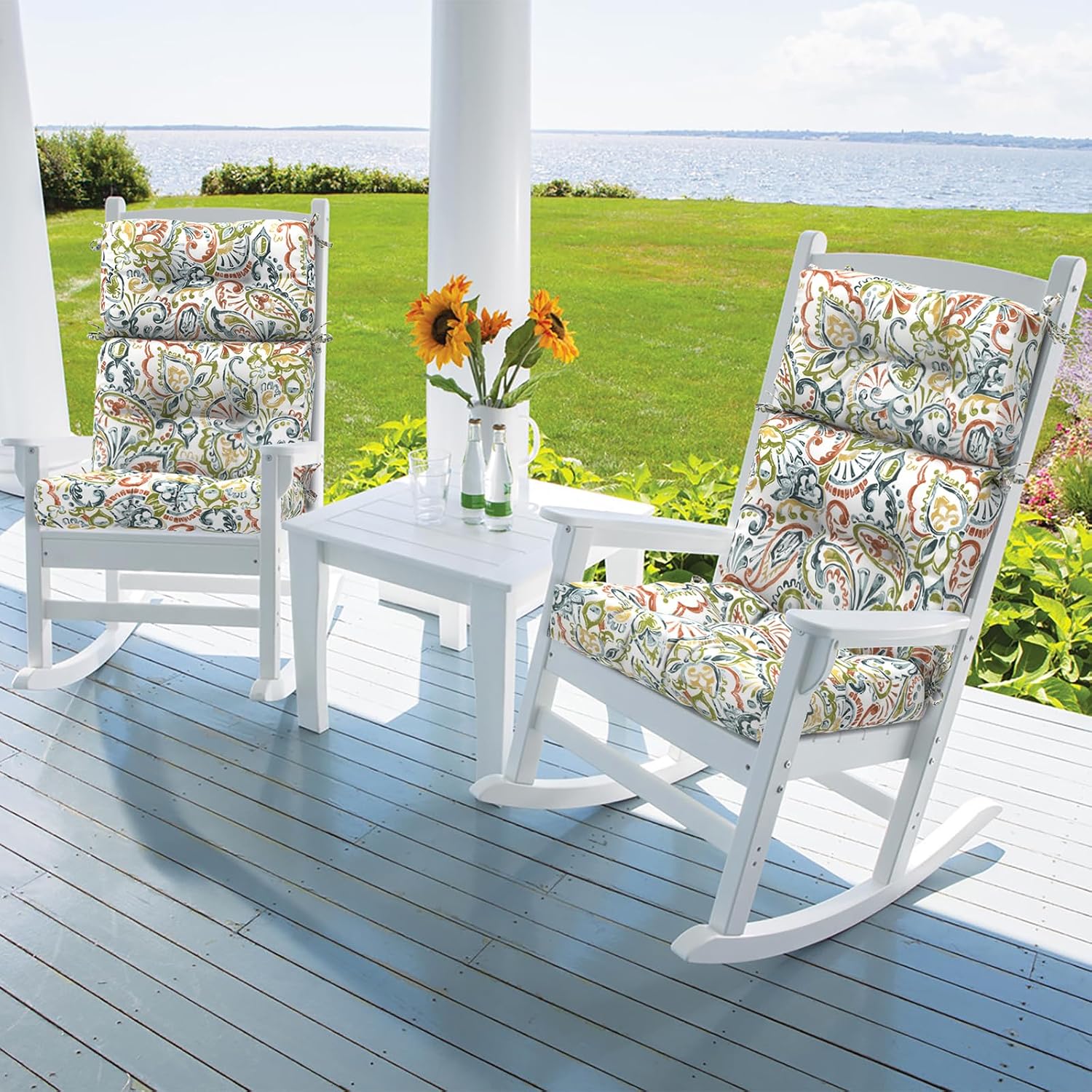 DYTXIII Outdoor High Back Chair Cushions Set of 2, Water Repellent Tufted Rocking Seat Cushions Replacement 44 x 22 Inch, Seat & Back Chair Pads for Patio, Balcony and Indoor Use -Paisley Botanical