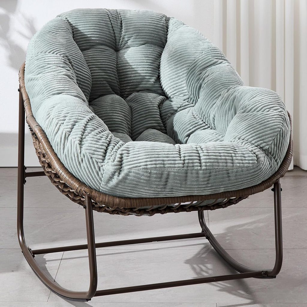 37' Papasan Rocking Chair with Cushion and Steel Frame, Oversized Outdoor Egg Rocking Chair, Rattan Circle Chairs for Grand Patio and Garden (Mint Green)