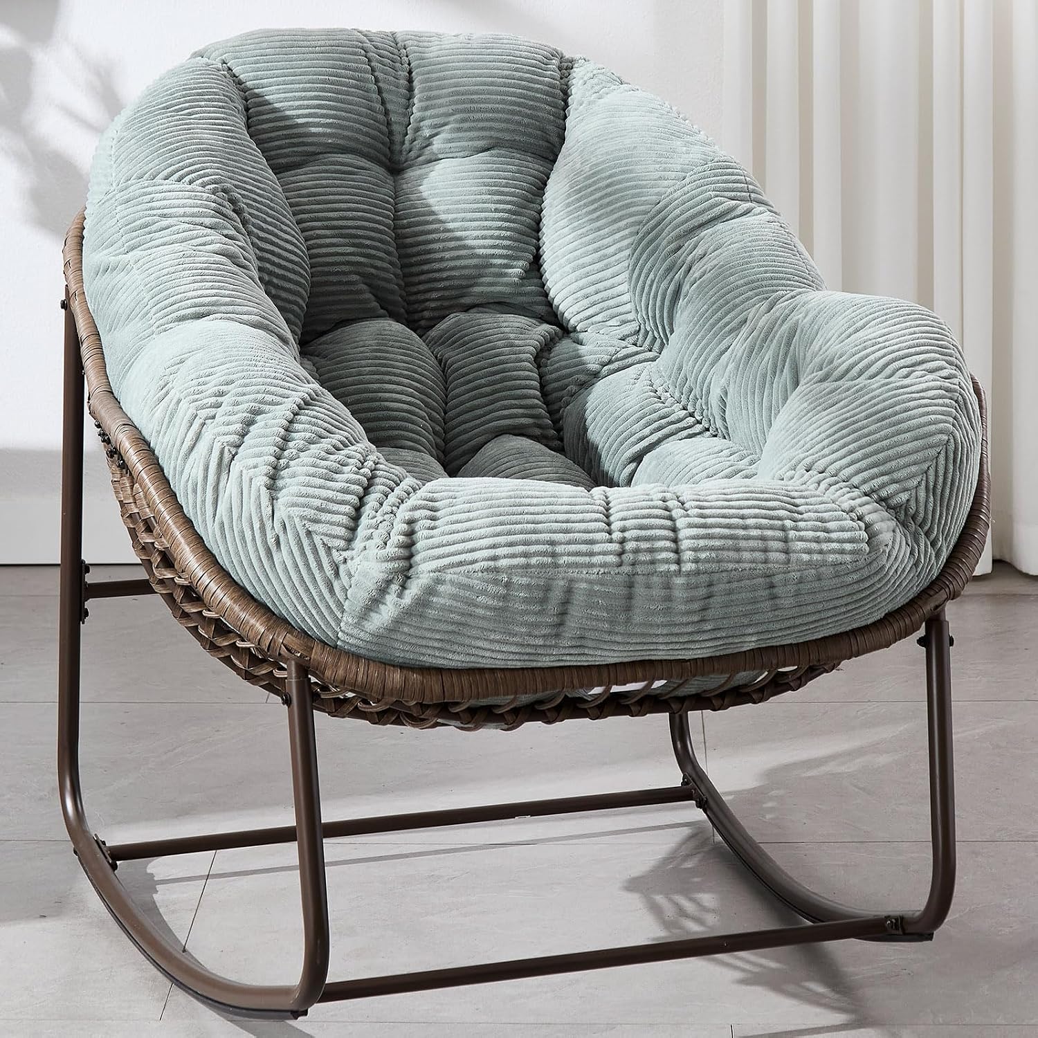 HRVEOCEI Papasan Rocking Chair with Cushion and Frame, Oversized Rocking Chair Indoor/Outdoor, Circle Chairs for Patio Garden Front Porch, Corduroy/Velvet (Mint Green)