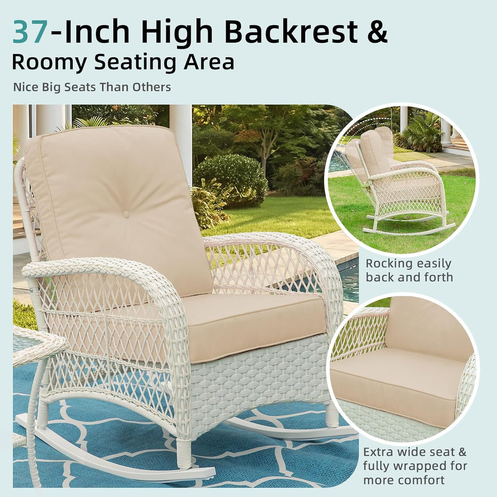 MEETWARM Outdoor Wicker Rocking Chair, Rattan Patio Rocker Chairs with Cushions and High Back, All-Weather Patio Wicker Chair with Safe Rocking Design for Garden Backyard Porch, Cream White/Beige