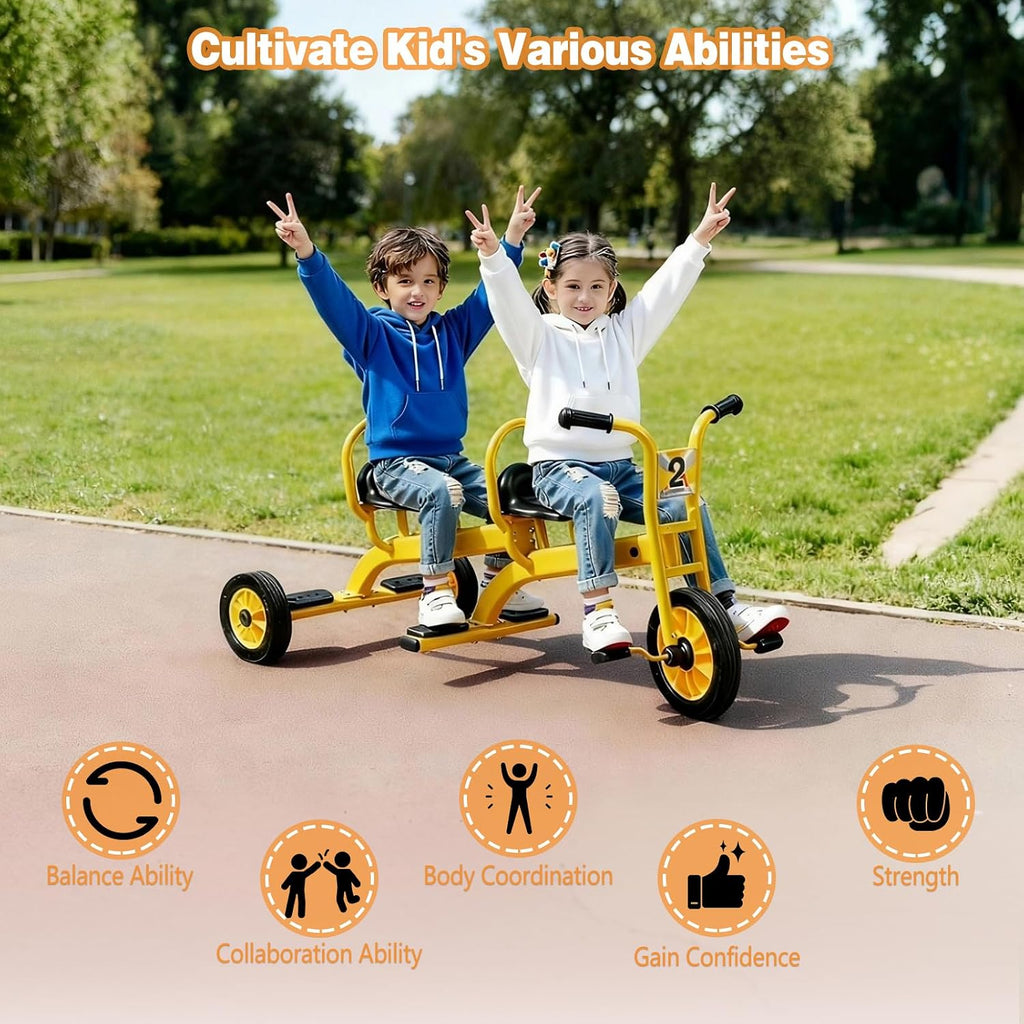 Kids Tricycle for Toddler Ages 3+, Preschool Kids Trike Bike with Non-Slip Pedal and Airless Rubber Wheels, Outdoor Playground Daycare Kid's Balance Bike, Gift for Boys and Girls (Tandem-Yellow)