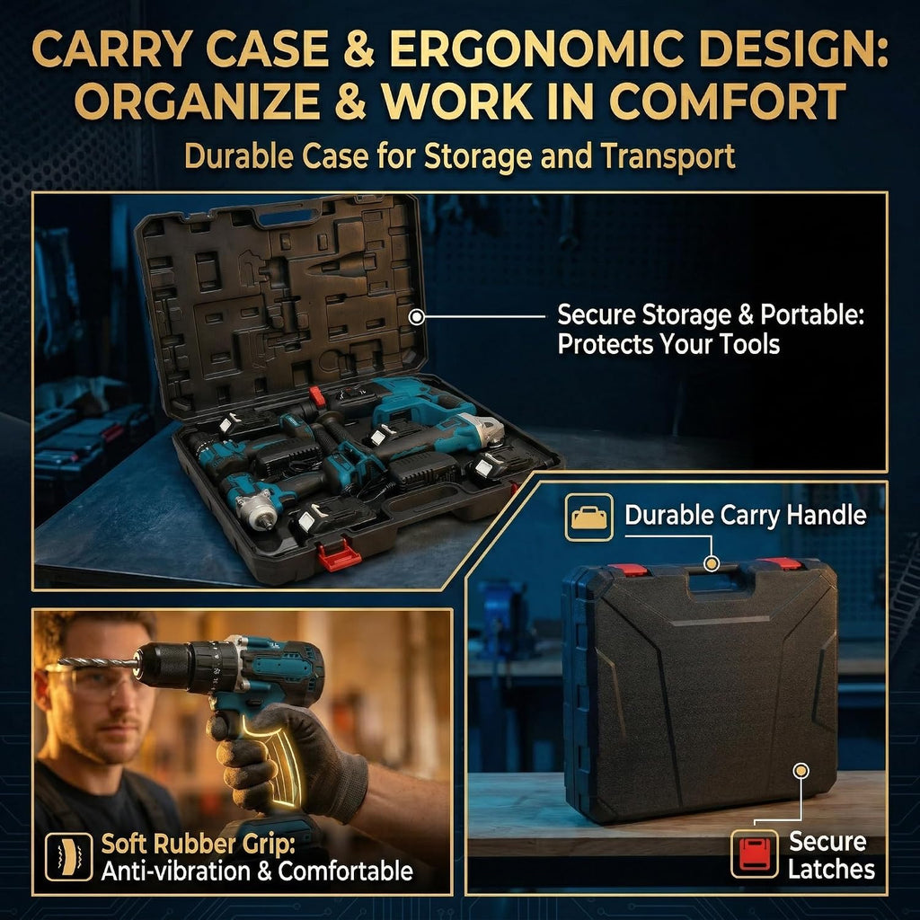 SELFIE CAT 4 Set Brushless Cordless Combo Kit Power Tools, Hammer/Angle Grinder/Impact Wrench/Drill Impact Drill Set, Cordless Drill and Impact Driver Combo With 4 Battery&2 Chargers for Home, DIYers