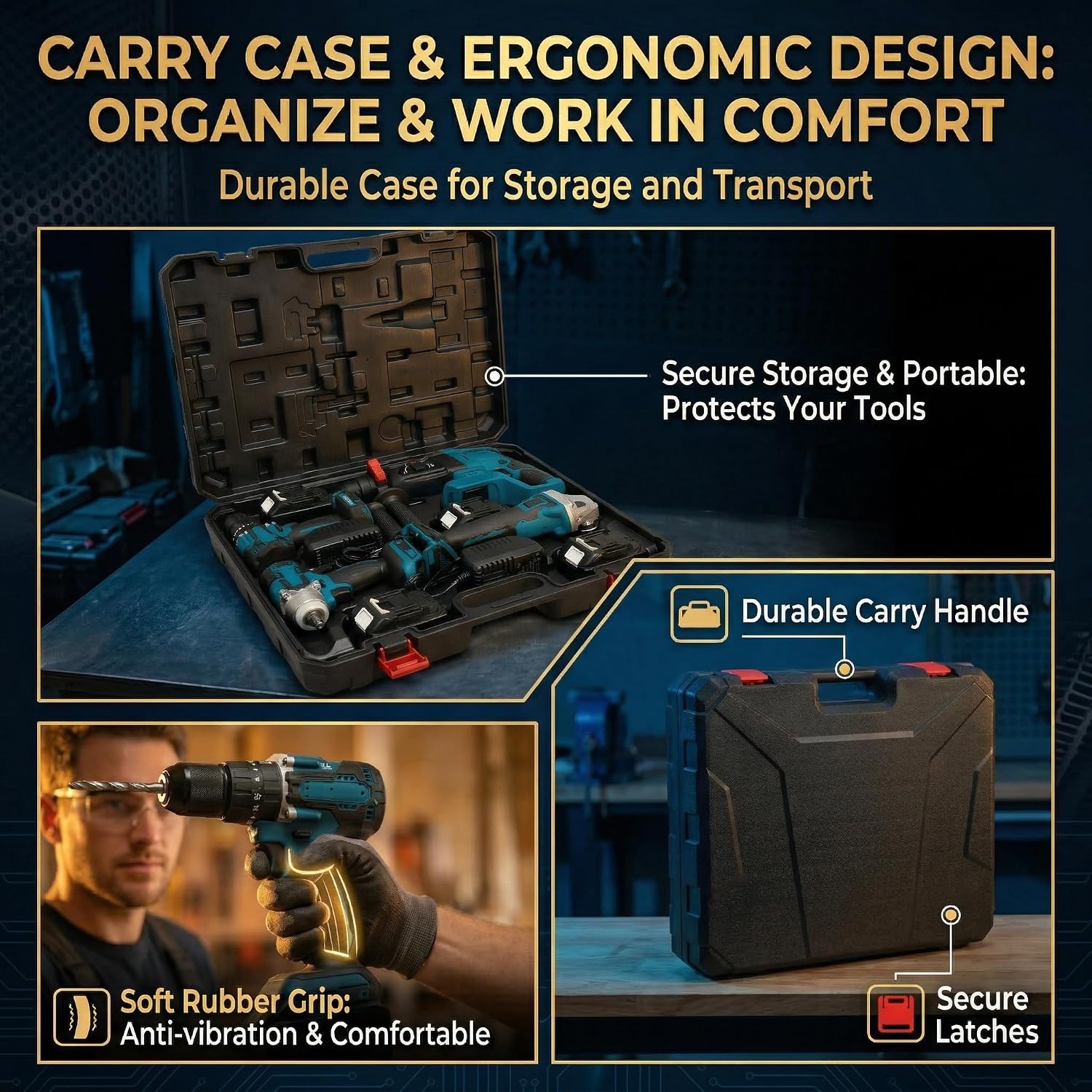 SELFIE CAT 4 Set Brushless Cordless Combo Kit Power Tools, Hammer/Angle Grinder/Impact Wrench/Drill Impact Drill Set, Cordless Drill and Impact Driver Combo With 4 Battery&2 Chargers for Home, DIYers