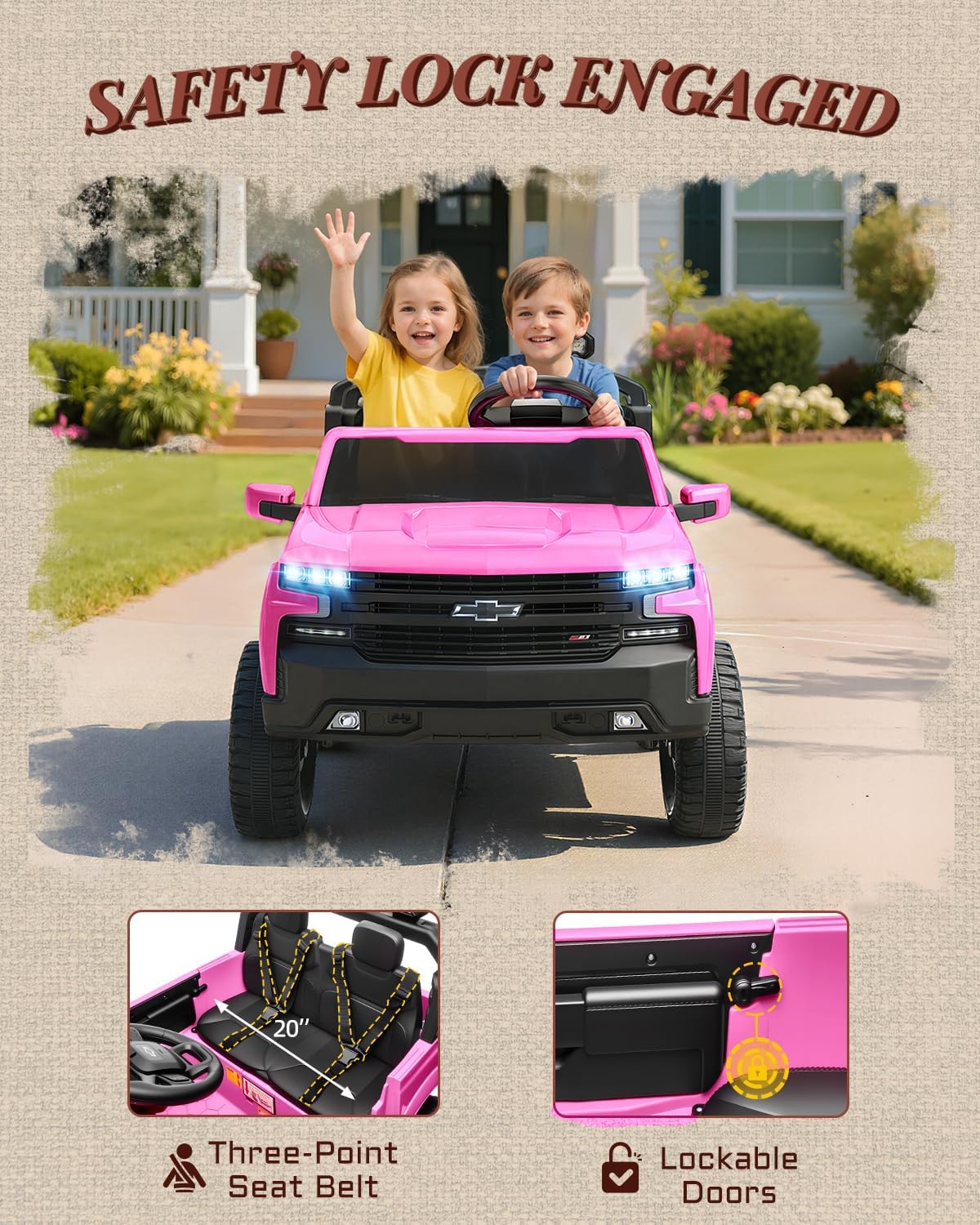 First Ride On 24V Ride on Toys for Big Kids, 2 Seater Licensed Chevrolet Silverado Ride on Car, Electric Car for Kids with Parent Remote Control, Bluetooth, LED Lights and Seat Belts (Pink)