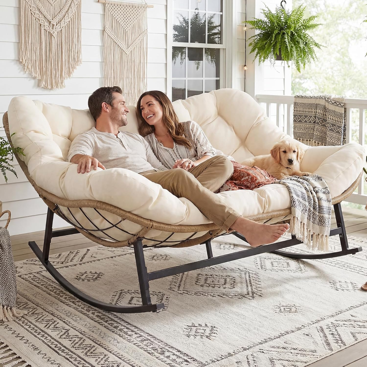 NICESOUL Outdoor Double Egg Rocking Chair, Oversized 2 Person Wide Papasan Rocker, Comfy Padded Recliner Loveseat, 700 lbs Heavy Duty Glider Lounge Chair with Cushion for Outside Backyard Porch, Beige
