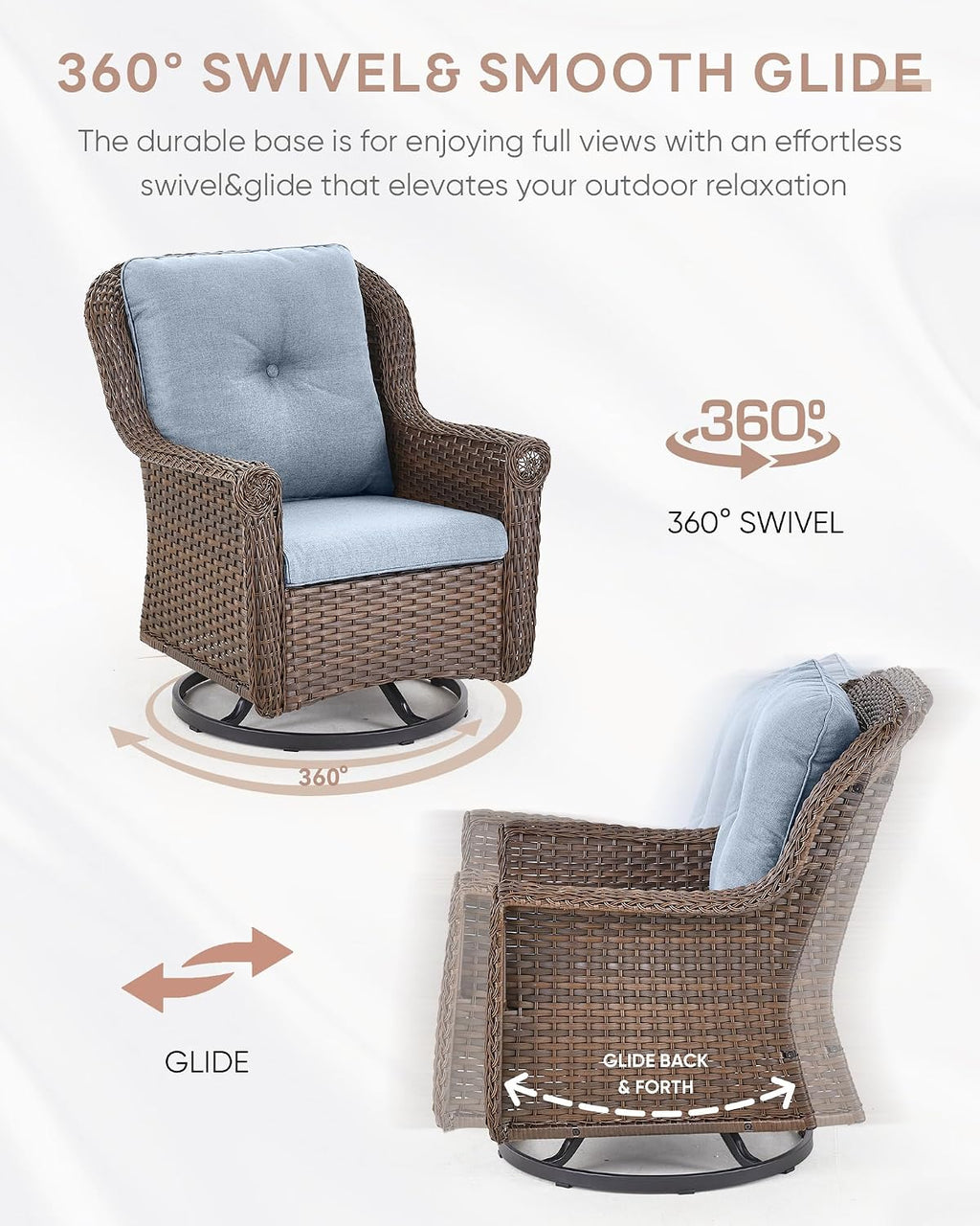 Patio Chairs Outdoor Swivel Glider - Set of 4 High Back Outside Brown Wicker Rattan Rocking Chair with Thick Cushion for Porch Apartment Deck Yard Poolside Garden - Baby Blue