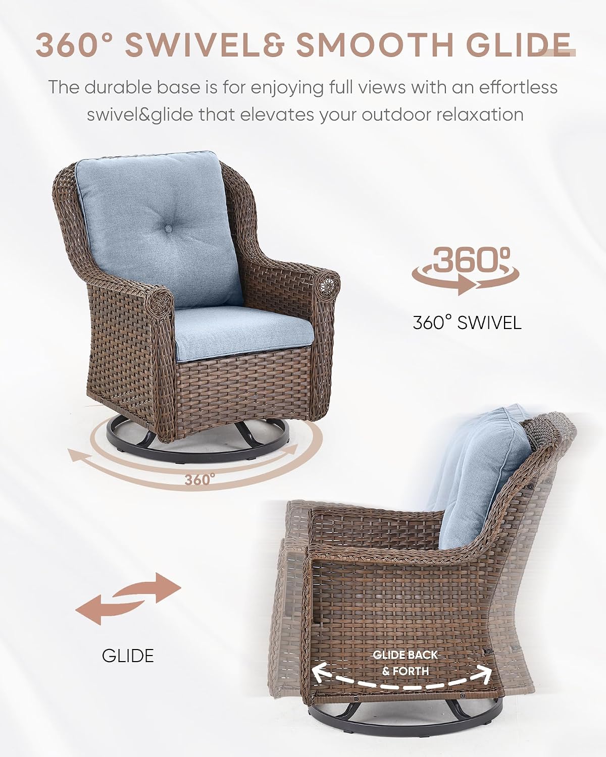 Patio Chairs Outdoor Swivel Glider - Set of 4 High Back Outside Brown Wicker Rattan Rocking Chair with Thick Cushion for Porch Apartment Deck Yard Poolside Garden - Baby Blue