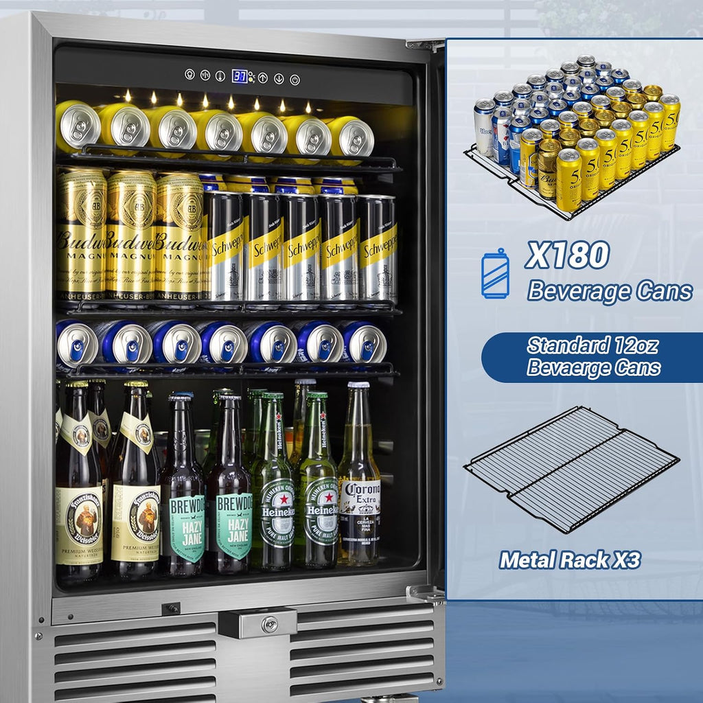 Outdoor Beverage Refrigerator 24 Inch Wide, Stainless Steel Beverage Fridge 180 Cans for Undercounter Built-in or Freestanding, for Home and Patio, Water Proof, Fast Cooling, Low Noise, 37-65 °F