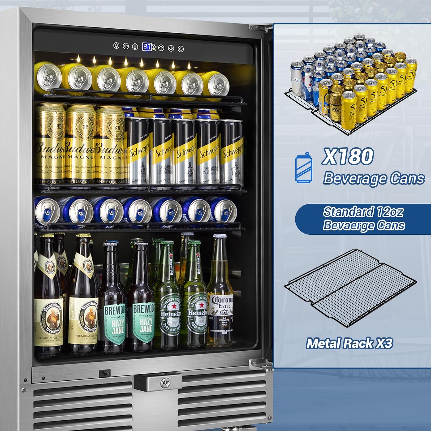 Outdoor Beverage Refrigerator 24 Inch Wide, Stainless Steel Beverage Fridge 180 Cans for Undercounter Built-in or Freestanding, for Home and Patio, Water Proof, Fast Cooling, Low Noise, 37-65 °F