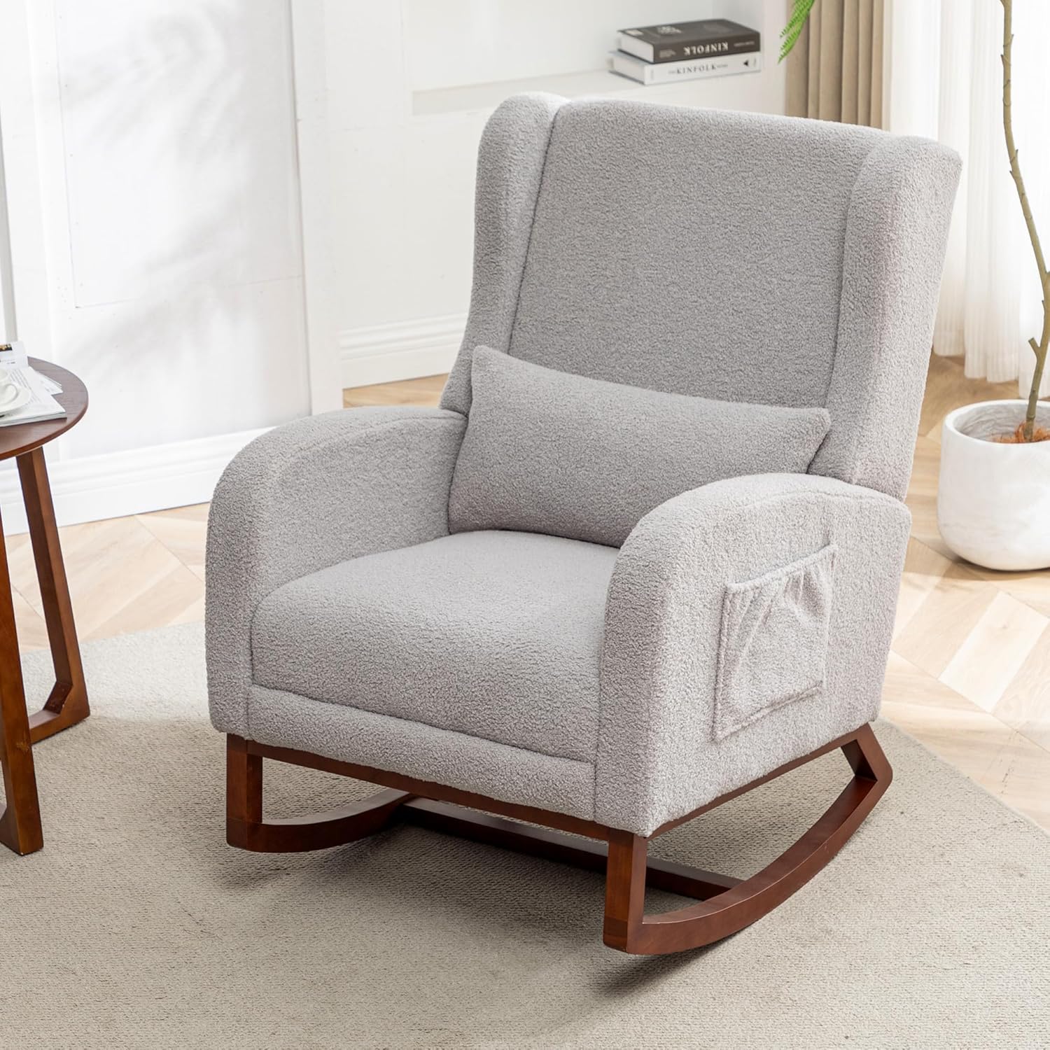 HCHAIRH Rocking Chair Nursery with Foot Rest, Wingback Nursery Rocking Chairs, Grey Teddy Nursing Glider Rocker Chair with Pillow and High Back for Nursery, Living Room, Bedroom