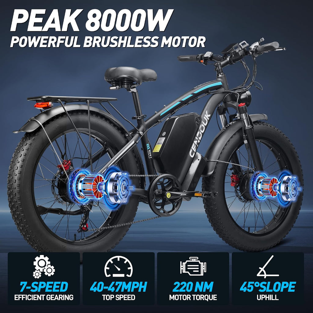 Electric Bike for Adults, 8000W Peak Dual Motor 58V 36Ah Long Range Ebike, 47MPH Fast Electric Bicycle, Dual Hydraulic Brakes, 24' Fat Tire E-Bike for Commuter Mountain Off-Road All-Terrain