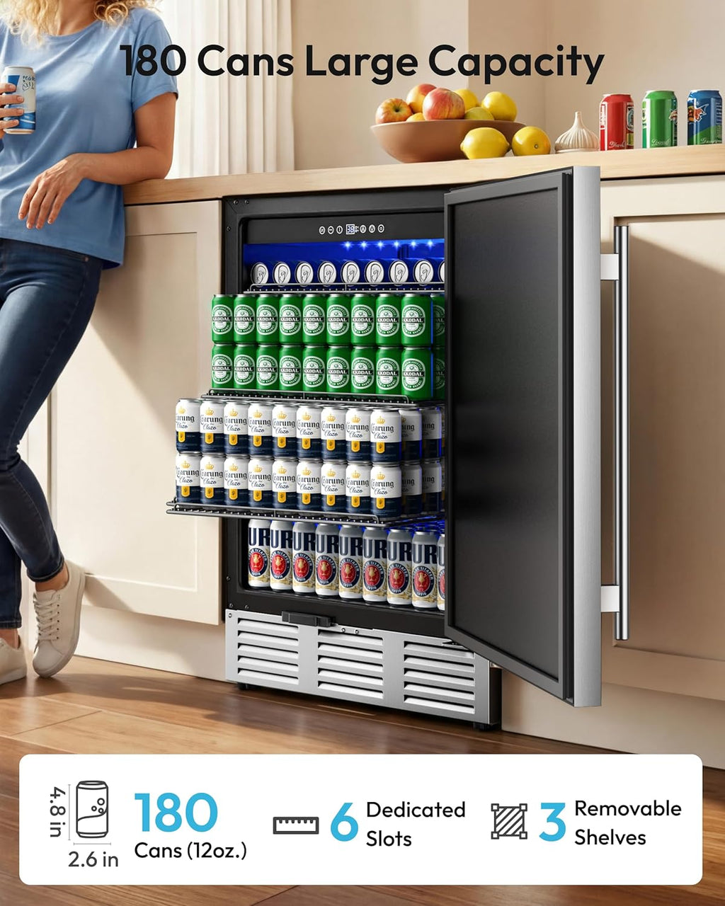 EUHOMY 24 Inch Beverage Refrigerator, Undercounter Beverage Fridge 180 Can with Stainless Steel Door for Home Patio, Beverage Cooler Built-in or Freestanding, outdoor refrigerator for Soda Beer Wine