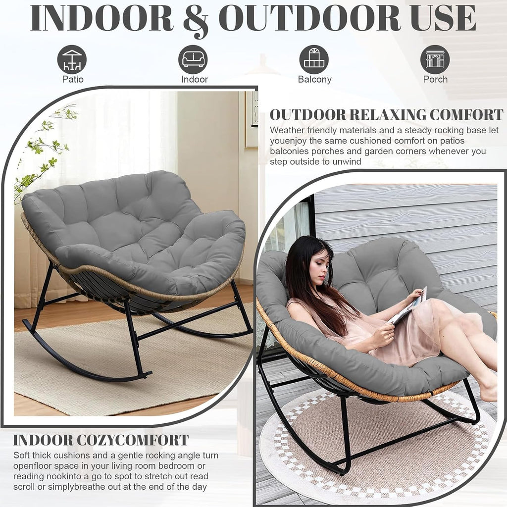 Thickened Waterproof Papasan Rocking Chair Cushion, 6.3'' Patio Egg Chair Pad with Ties, Outdoor/Indoor Rattan Hammock Cushions for Porch, Garden, Balcony(Only cushion no chair) (French Grey)