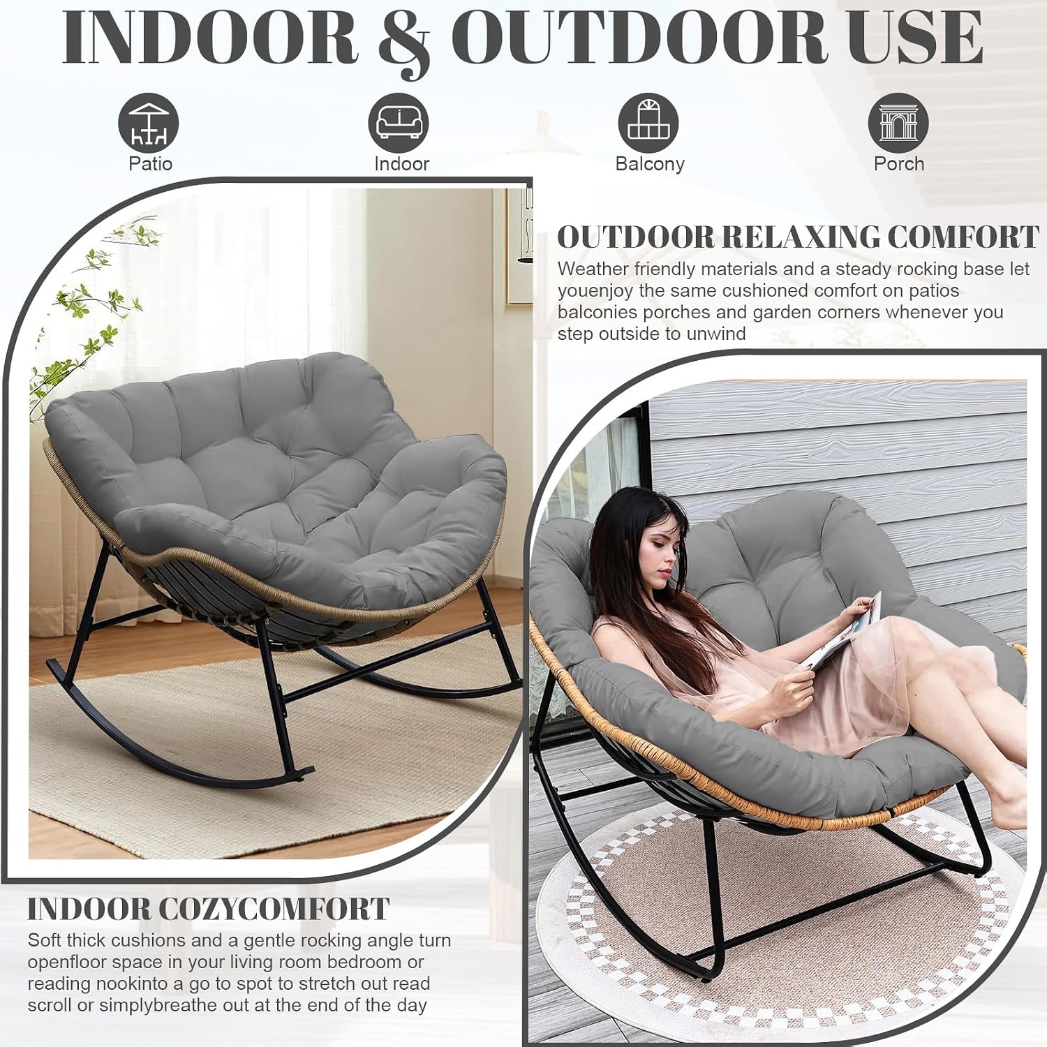 Thickened Waterproof Papasan Rocking Chair Cushion, 6.3'' Patio Egg Chair Pad with Ties, Outdoor/Indoor Rattan Hammock Cushions for Porch, Garden, Balcony(Only cushion no chair) (French Grey)