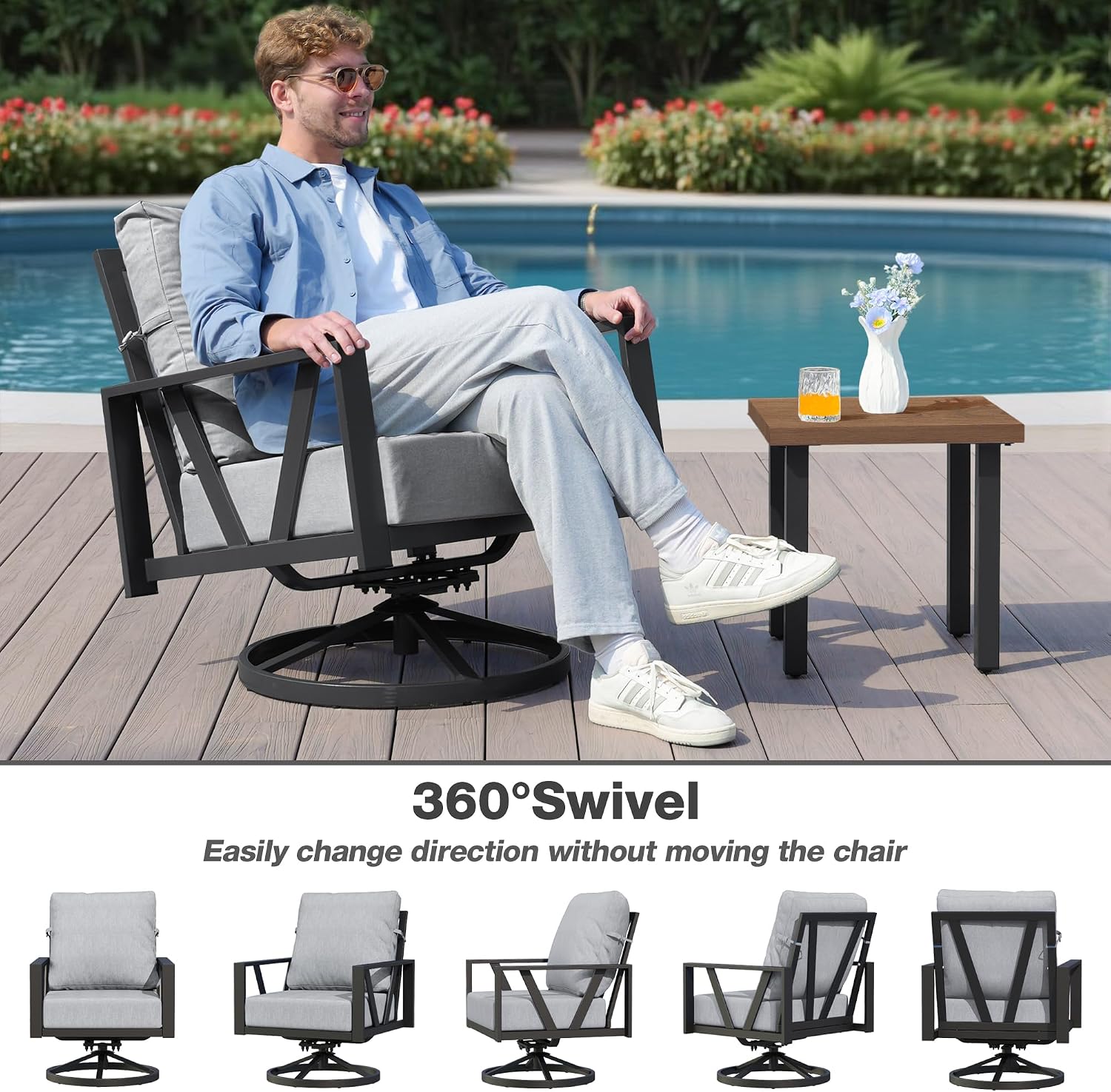 Outdoor Patio Swivel Rocking Chairs Set, Front Porch Furniture with 6' Thick Cushions, 3 Pieces Outdoor Bistro Set with Coffee Table, 350lbs, Light Grey