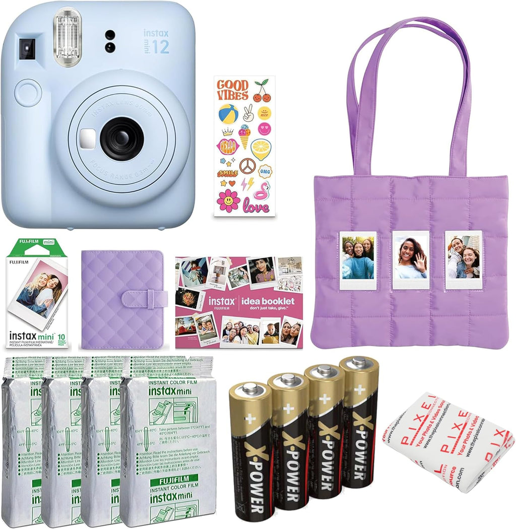 FUJIFILM instax mini 12 Instant Film Camera Holiday Bundle (Pastel Blue) with 4 x Instax Mini Instant Film - Foil Pack, Self Adhesive Cloth, and Ansmann X-Power AA 4-Pack Battery