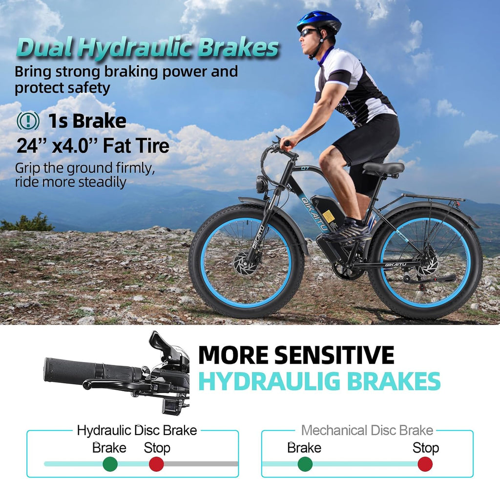 Electric Bike Peak 2000W Motor, UL Certified, 48V 22.4AH Removable Battery, 24' Fat Tire Ebikie All-Terrain, Aluminum Frame, Dual Hydraulic Suspension.LCD Display