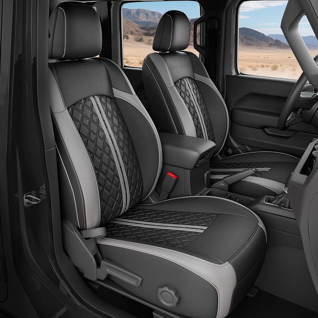 for Jeep Wrangler Seat Covers JL 4 DR Without Rear Cup Holder 2018 2019 2020 2021 2022 2023 2024 2025 2026, Custom Fit Car Seat Covers Full Set,Waterproof Leather Seat Protector,BlackGrey