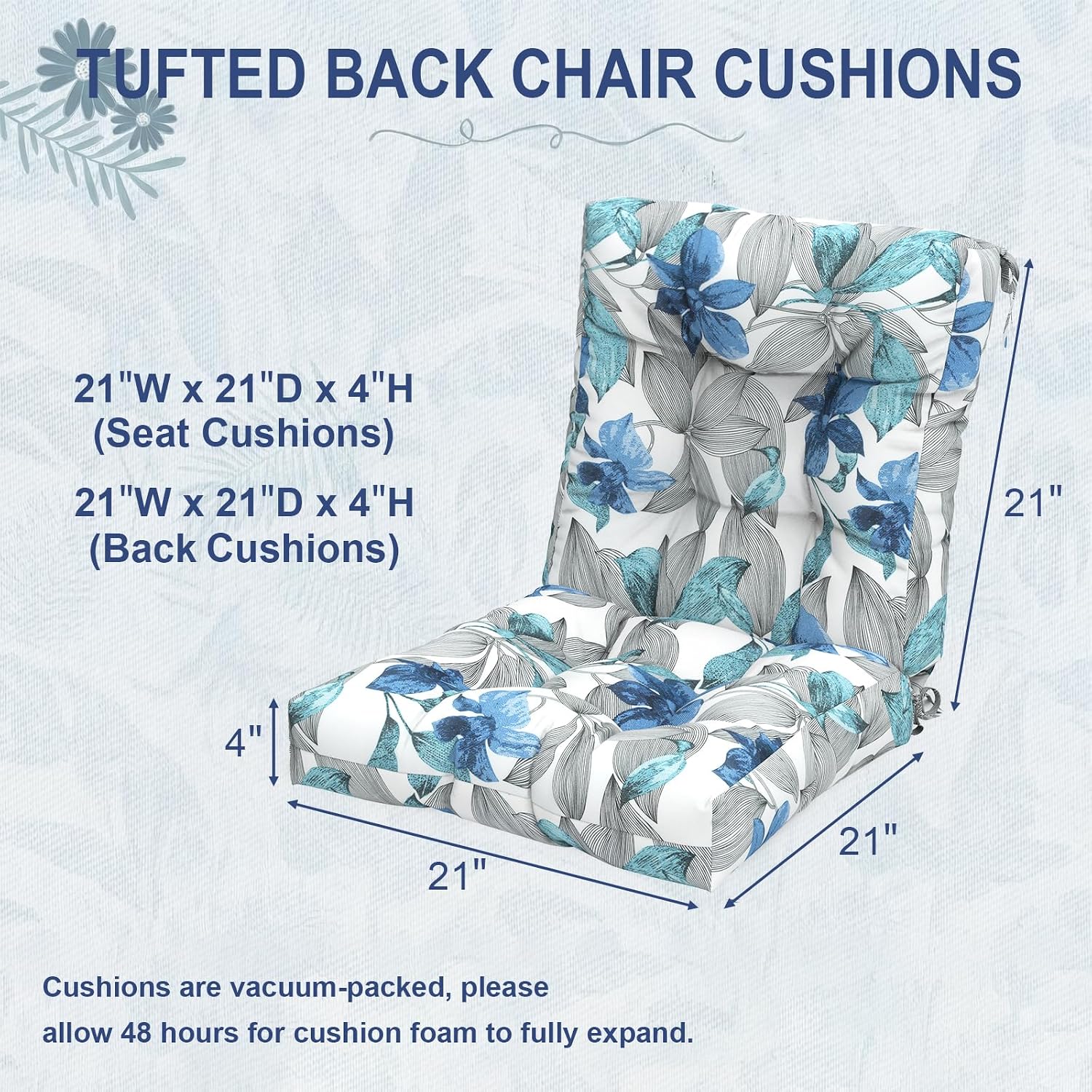 Outdoor Chair Cushions, Tufted Back Patio Furniture Cushions Set of 2, Water Repellent Chair Cushion for Garden, 42x21x4 Inch, Clemens Blue