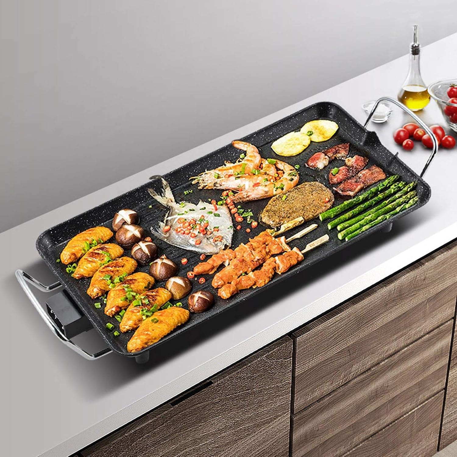 Grill for Outdoor Electric Smokeless Indoor Grill with Non-Stick Cooking Surface and Adjustable Temperature Knob Multifunctional Barbecue Tray，1355W，Black Barbecue Grill