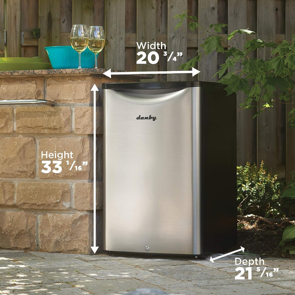Danby DAR044A6BSLDBO 4.4 Cu.Ft. Outdoor Mini Fridge, IPX4-Rated Stainless Look All Refrigerator for Patio, Cabana, Pool Bar, E-Star Rated, Spotless Steel