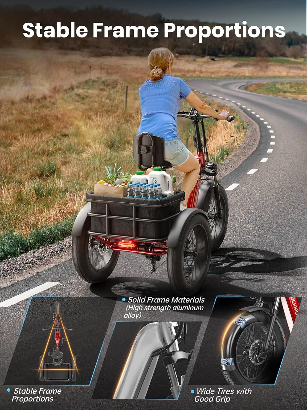 PUCKIPUPPY Electric Trike for Adult with 960W Peak Motor, 60 Miles Range Pickup Class Tricycle, 500 Lbs Load Electric Trike with Rear Differential and 20' Fat Tires, 48V 17.4AH Cell Battery, Husky