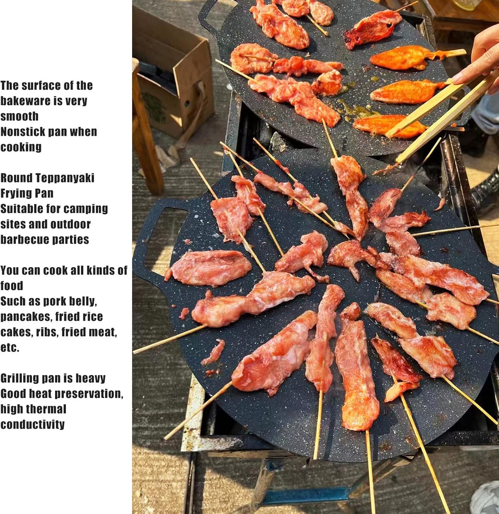 Round BBQ Grill Pan, Nonstick Grill Circular Iron Heat Resistant Grilling Tray for Korean BBQ/Teppanyaki Pan, Pork Belly Pancakes, for Home Outdoor Stoves
