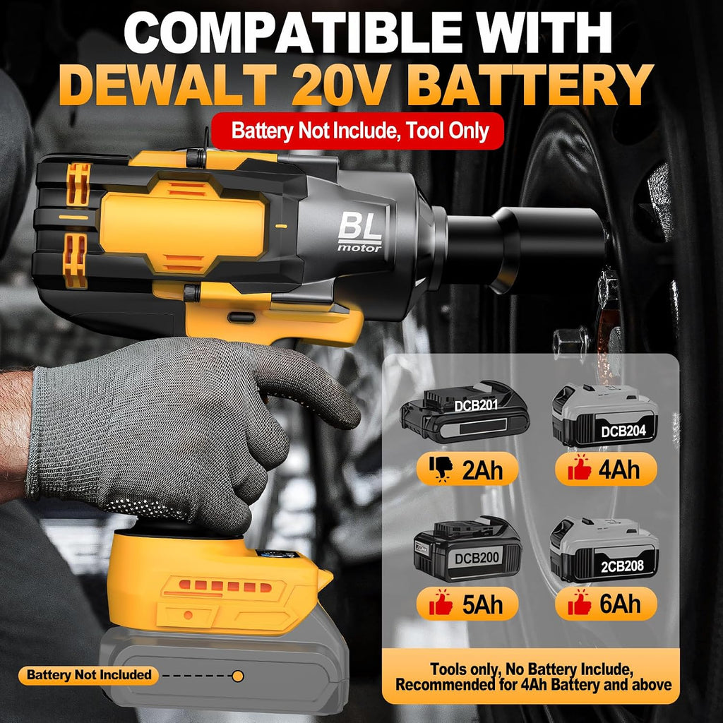 Cordless Impact Wrench 3/4' for De-Walt 20V Battery, 1475 Ft-lbs (2000N.m) High Torque power Impact Gun Heavy Duty Brushless, 3 Mode, 1/2' Impact Socket Adapter, Car Tire Truck RV Mower (No battery)