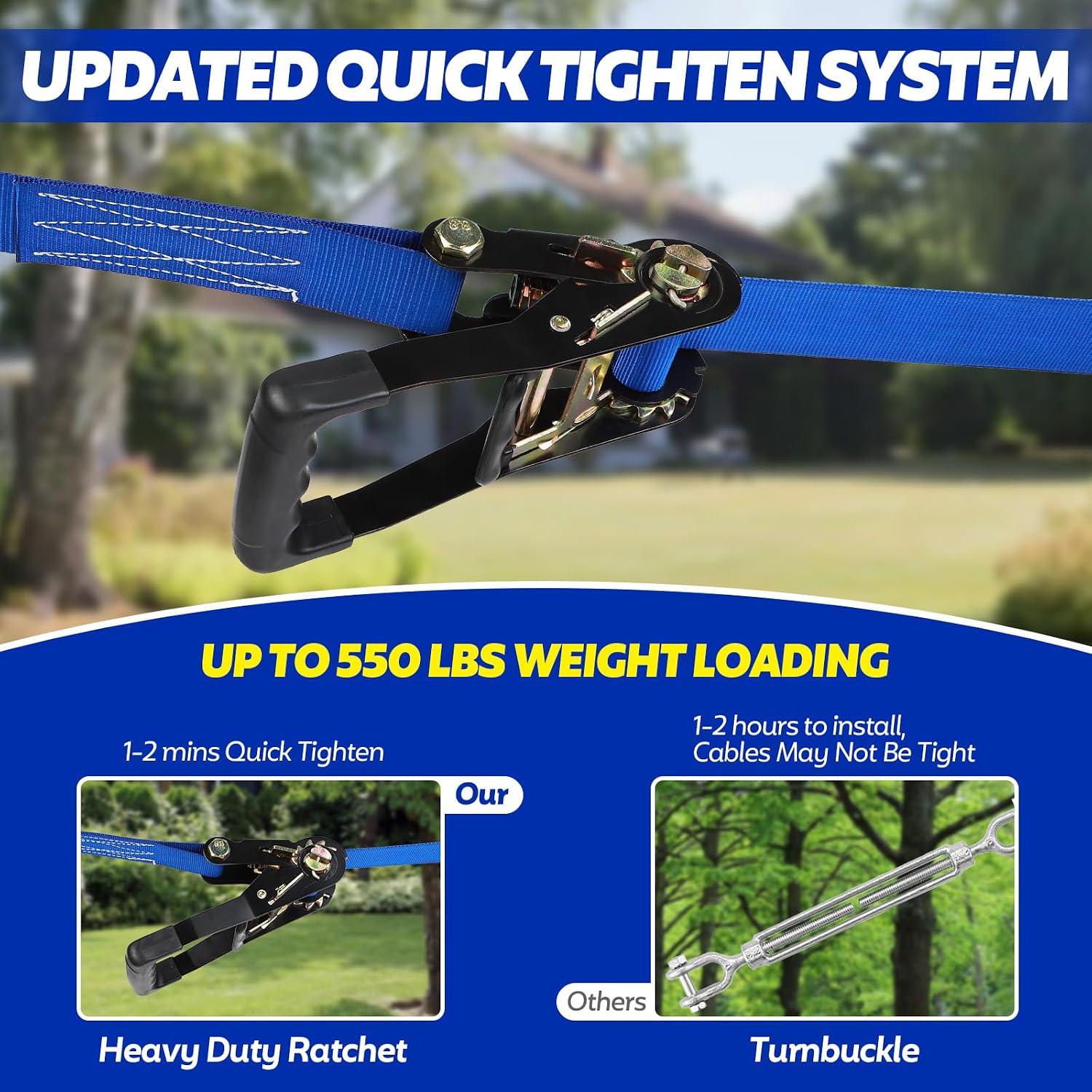 FAHKNS Zip Line Kit for Kids Adults: 120FT Up to 400 lbs - Updated Removable Design Trolley,Thickened Seat,Safety Harness,Quick Tighten Zipline Kits for Outdoor Backyard