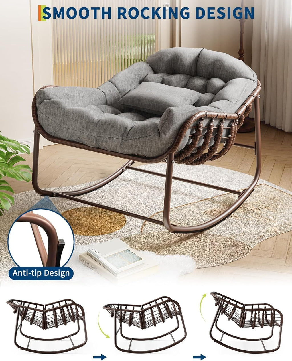 DEXSO Oversized Outdoor Papasan Rocking Chair - Metal Frame, Cushion & Wicker Rattan, for Balcony, Backyard, Porch, Bedroom (Grey)