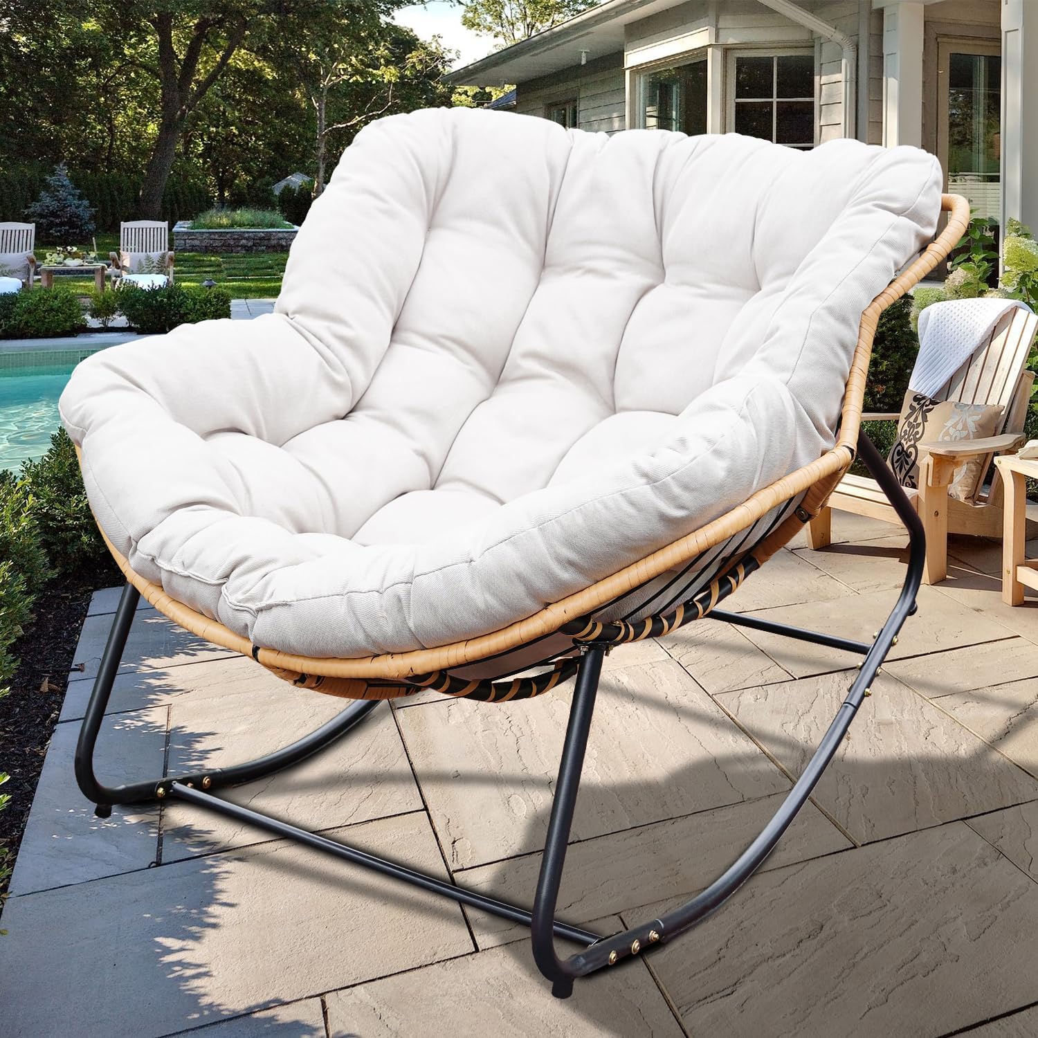 Rocking Papasan Chair Outdoor/Indoor, Rattan Wicker Lounge Rocker Egg Chair with Thick Cushion, Alloy Frame & Anti-Tip Wide Base for Patio, Living Room, Bedroom, Warm Beige