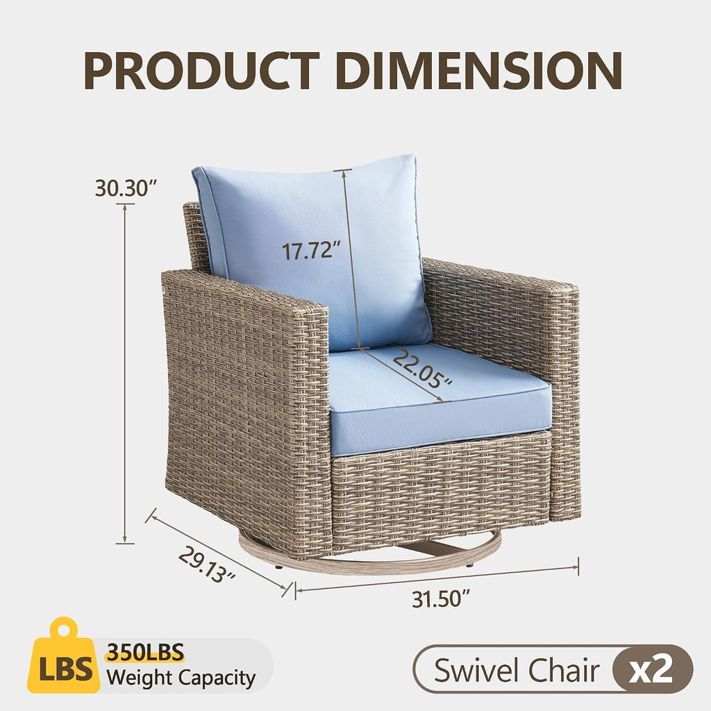 Swivel Rocking Chairs with Comfortable Cushion, PE Wicker Rattan Swivel Chairs, Set of 2 with Cushions for Poolside, Garden, Backyard, Blue