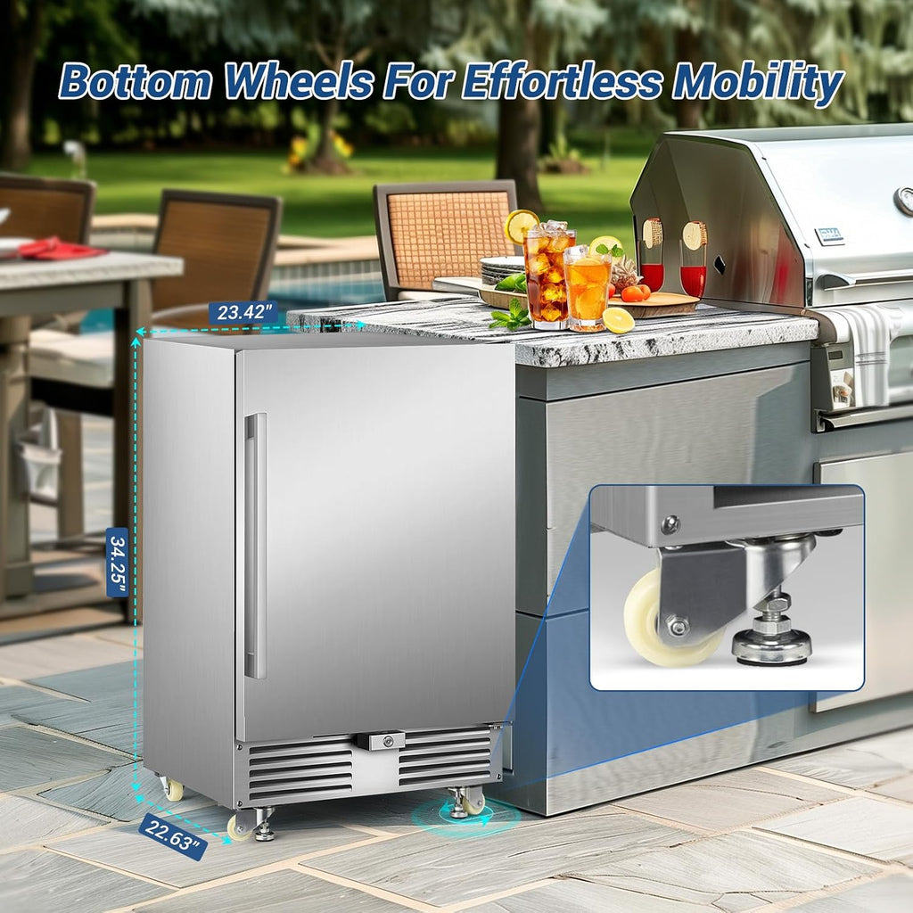 Outdoor Beverage Refrigerator 24 Inch Wide, Stainless Steel Beverage Fridge 180 Cans for Undercounter Built-in or Freestanding, for Home and Patio, Water Proof, Fast Cooling, Low Noise, 37-65 °F