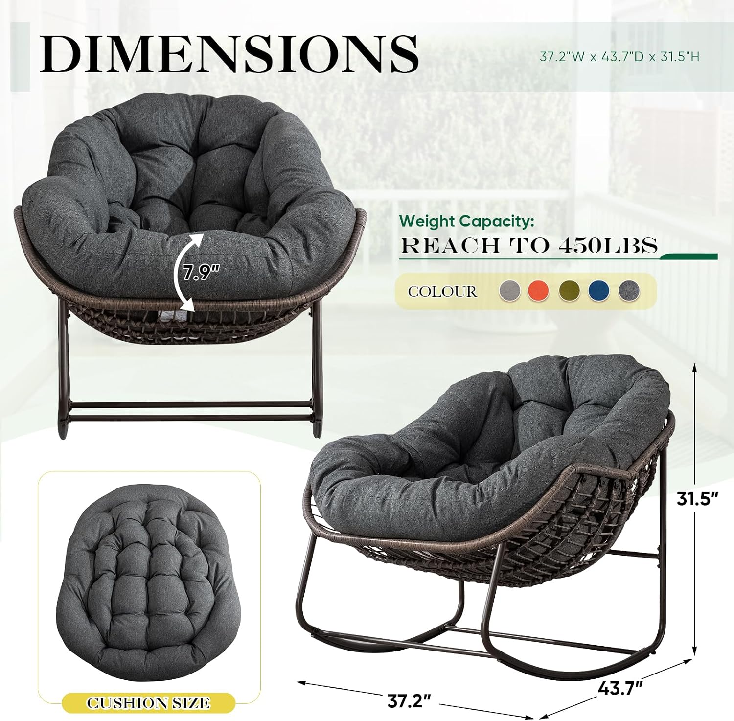 Deolme Large Papasan Rocking Chair Set of 2 with Cushion, Oversized Comfy Reading Chair Lounging Indoor Outdoor Rocker for Front Porch Backyard Bedroom Living Room Egg Chair Rattan (Dark Grey)