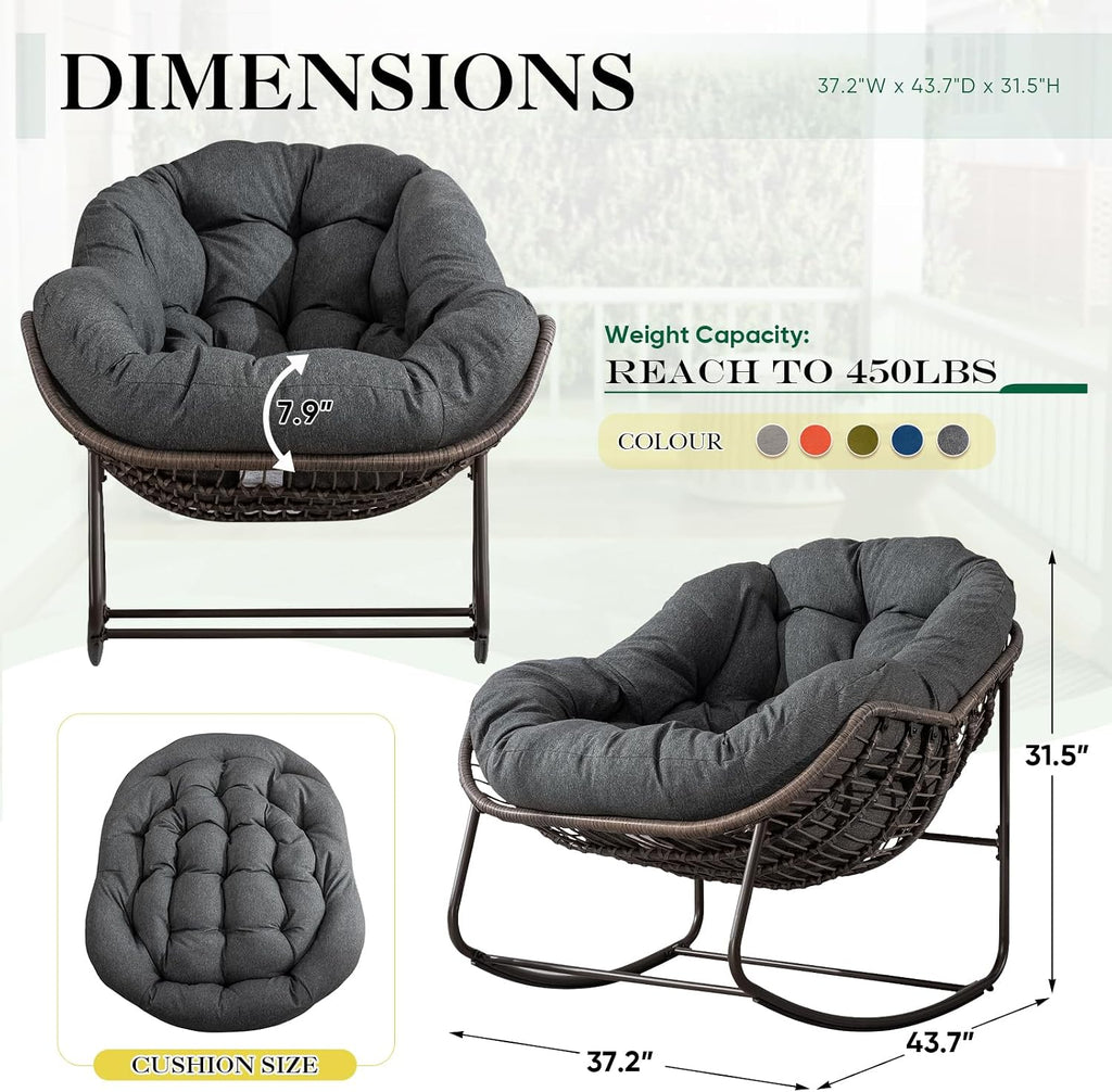 Deolme Large Papasan Rocking Chair with Cushion, Oversized Comfy Reading Chair Lounging Indoor Outdoor Rocker for Front Porch Backyard Bedroom Living Room Egg Chair Rattan (Dark Grey)