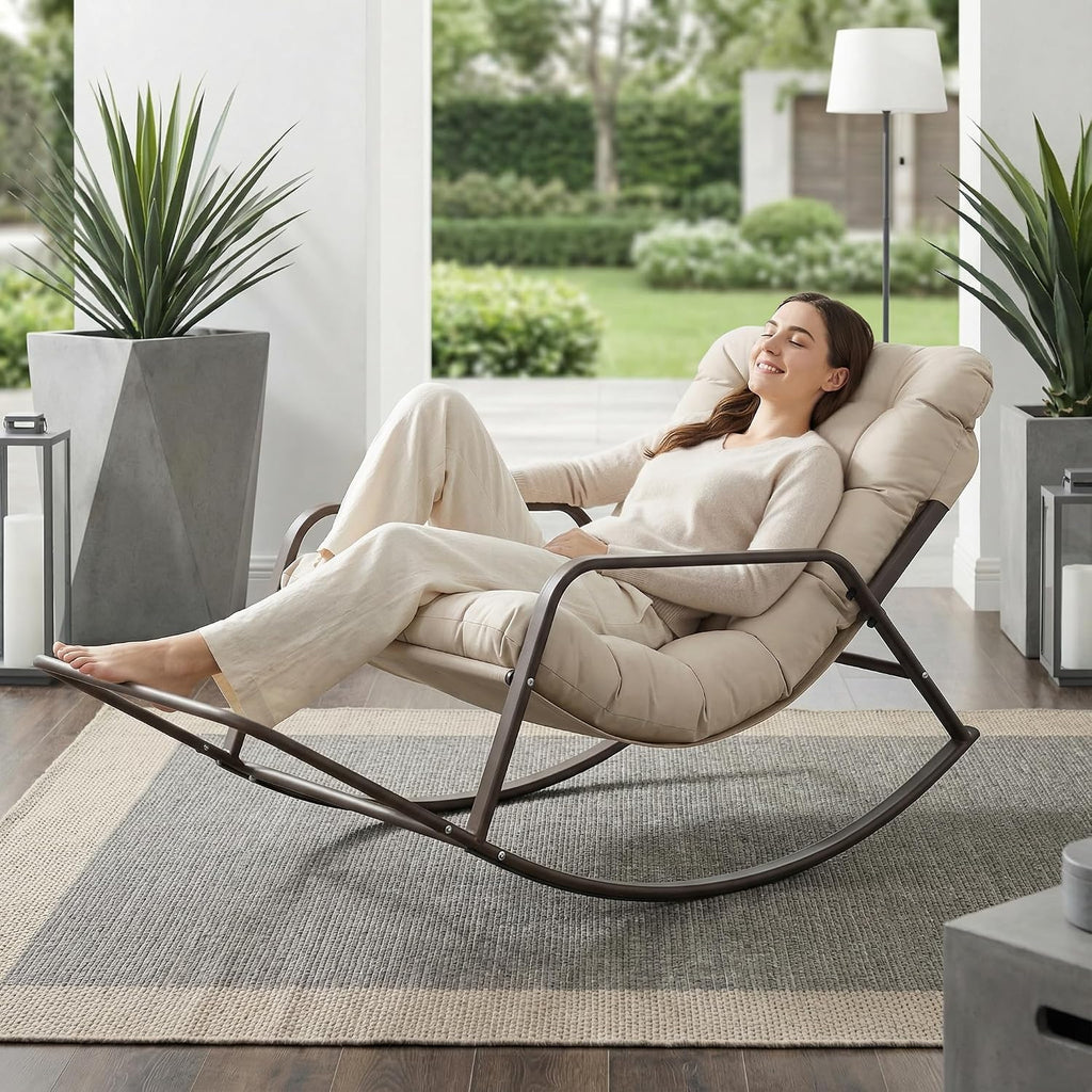 NICESOUL Papasan Rocking Chair with Footrest, Outdoor Rocking Chair with Cushion, Oversized Patio Rocker, Recliner-Style Comfort, Heavy Duty Steel Frame, Indoor Balcony Backyard, Beige