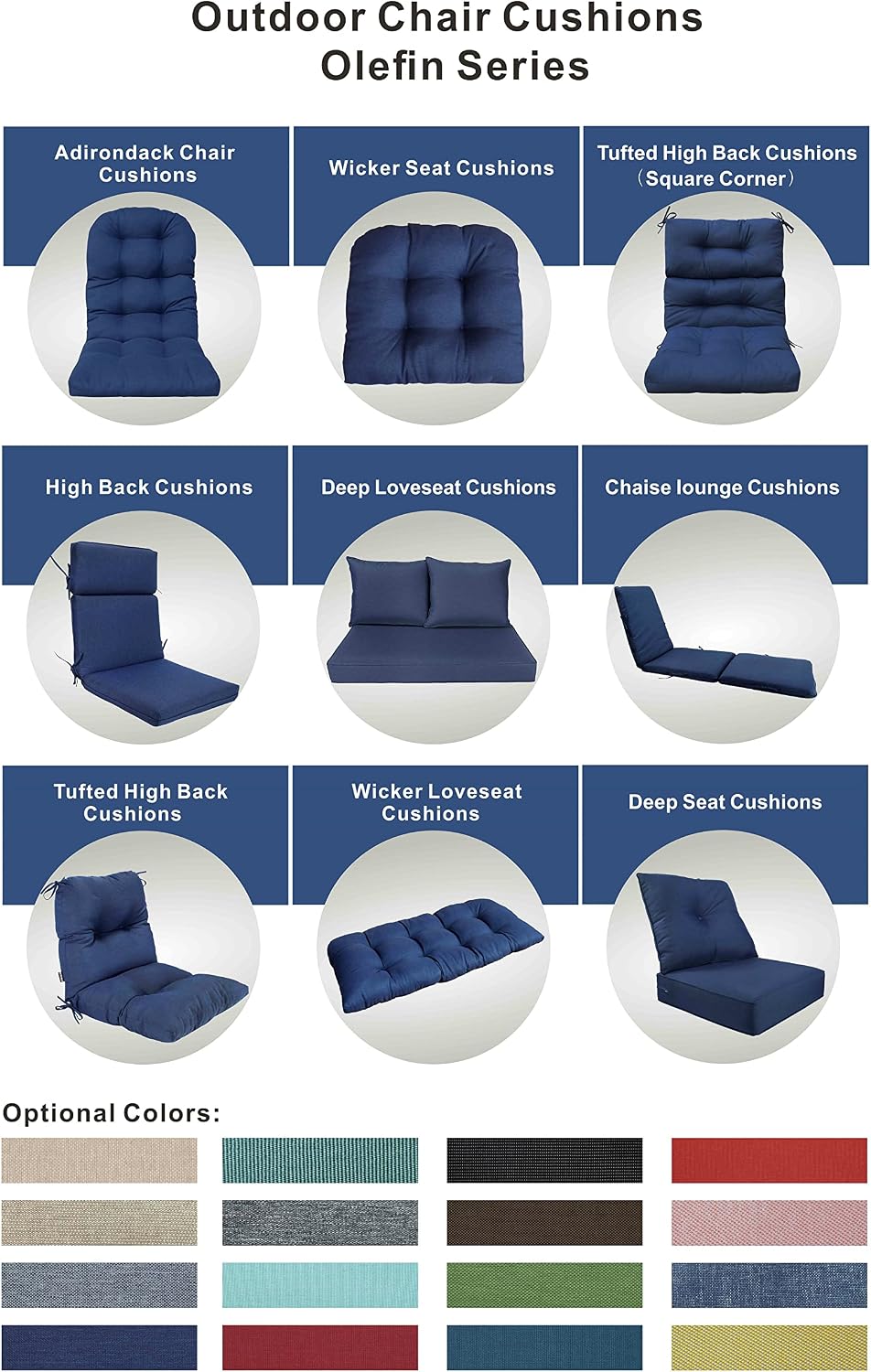 Indoor Outdoor High Back Rocking Chair Cushions Replacement Patio Seat Cushion Fade Resistance, Set of 4 (Olefin Navy Blue)