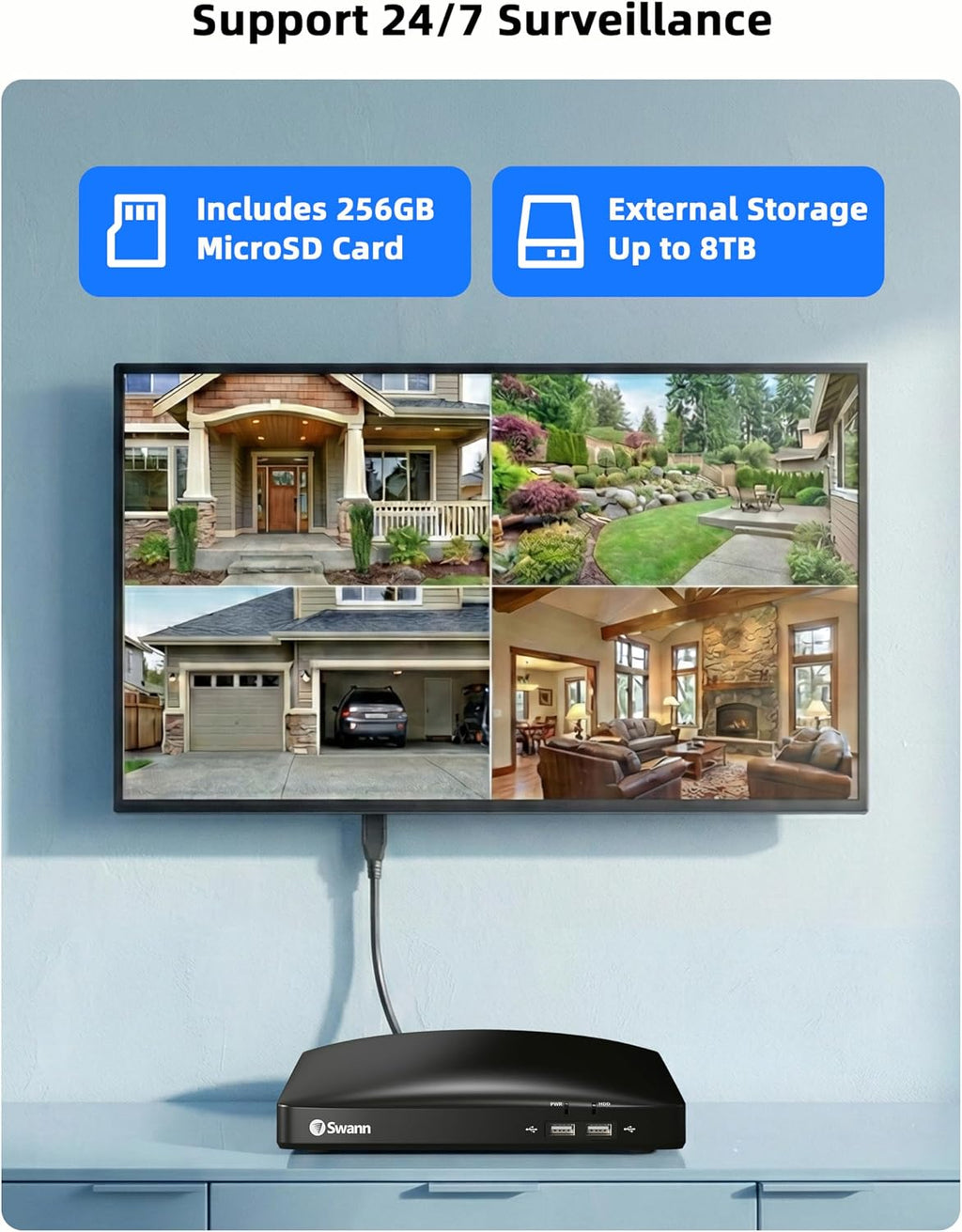 Swann Home Security Camera System,6 Cams H.265 Wired with Person Vehicle Detection, 2k 8CH Surveillance DVR Kit-Deterrent Red & Blue Lights, Color Night Vision,24/7 Recording,8468562KMQB
