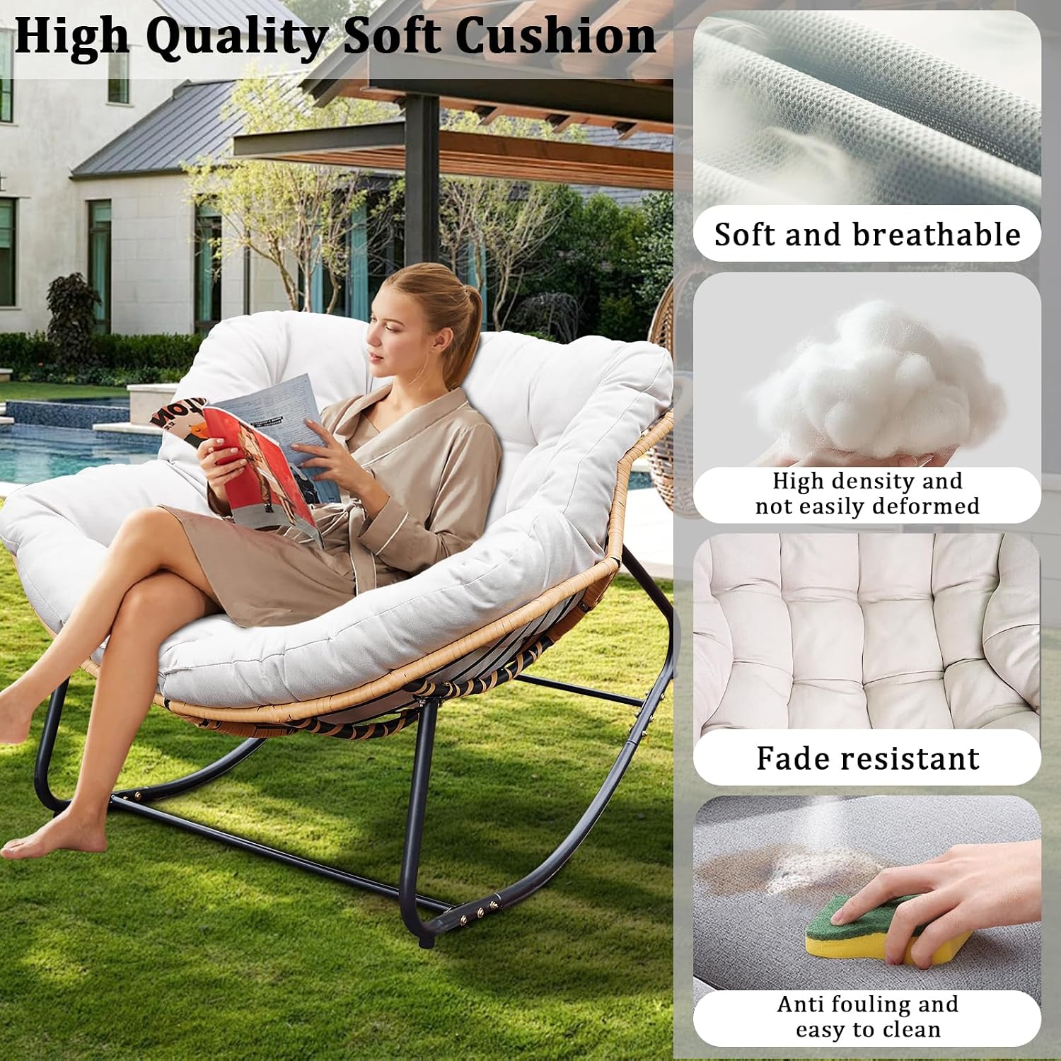 Rocking Papasan Chair Outdoor/Indoor, Rattan Wicker Lounge Rocker Egg Chair with Thick Cushion, Alloy Frame & Anti-Tip Wide Base for Patio, Living Room, Bedroom, Warm Beige