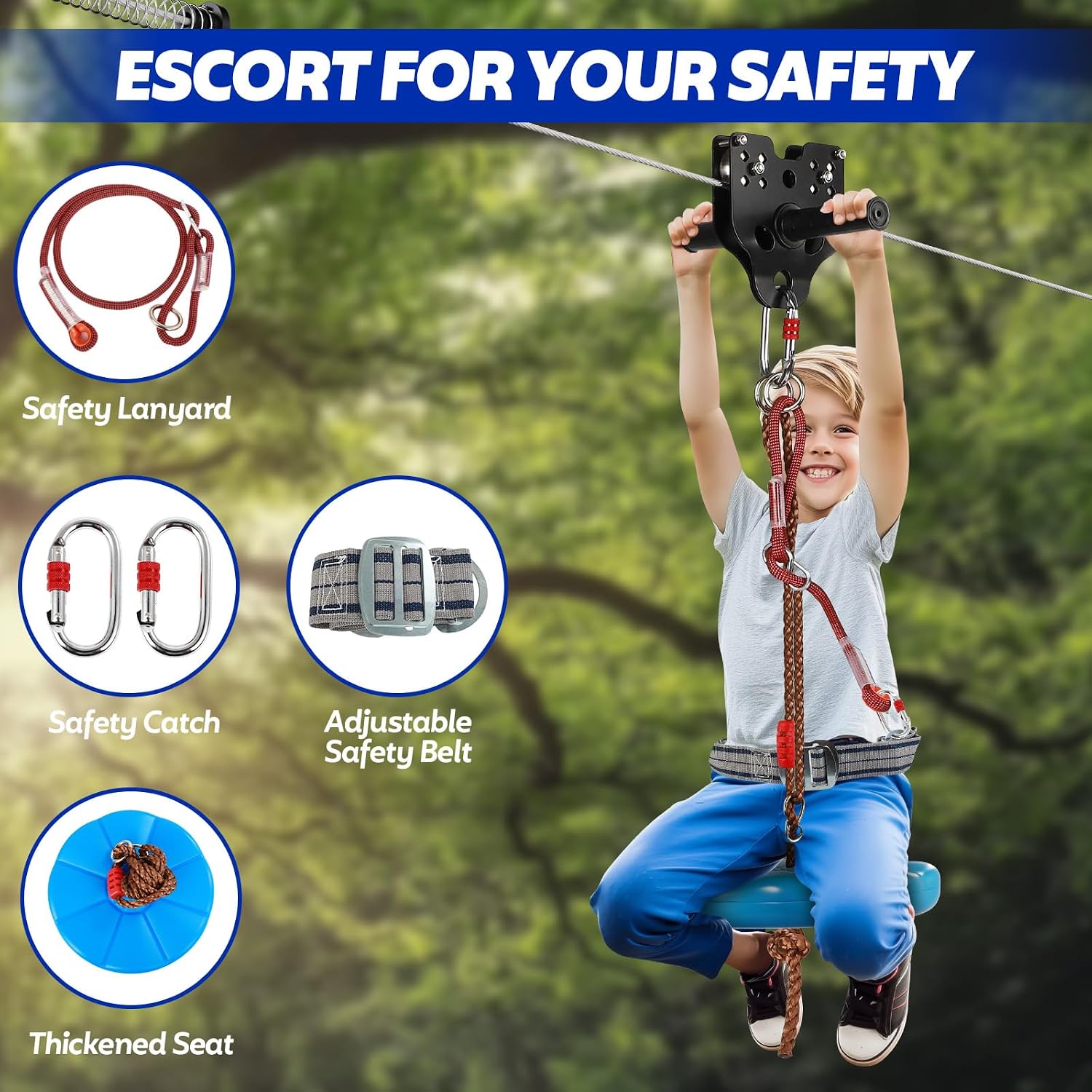 FAHKNS Zip Line Kit for Kids and Adults: 160FT up to 400 lbs - Updated Removable Design Trolley, Thickened Seat, Safety Harness, Quick Tighten Zipline Kits for Outdoor Backyard