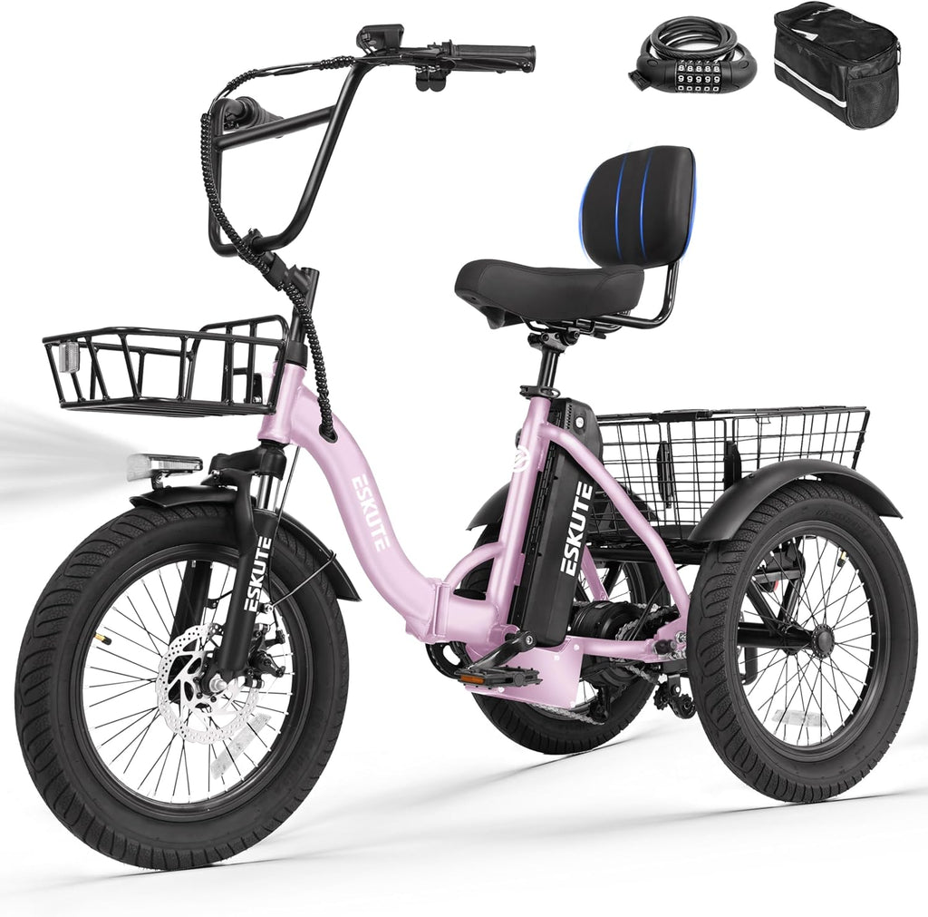 ESKUTE E Trike Electric Bike, Peak 1200W Brushless Motor Folding Trike 18X3.0 Fat Tire Ebike, 624Wh Removable Battery, Step-Thru 3 Wheel Electric Bicycle, Up to 55 Miles, 18MPH+ Tricycle for Adults