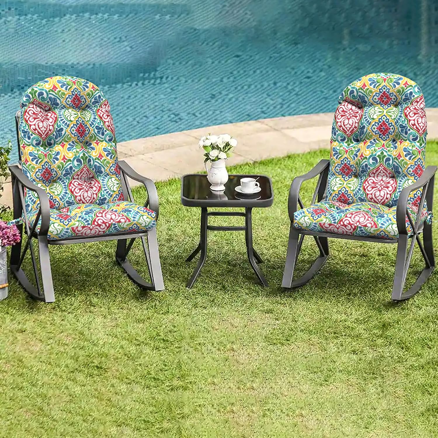 LVTXIII 2 Pack Outdoor Adirondack Chair Cushions, 44x19x4 Inch Water Repellent Patio Cushions for Rocking Chairs, Thick Tufted High Back Seat Cushion Set, Damask Red