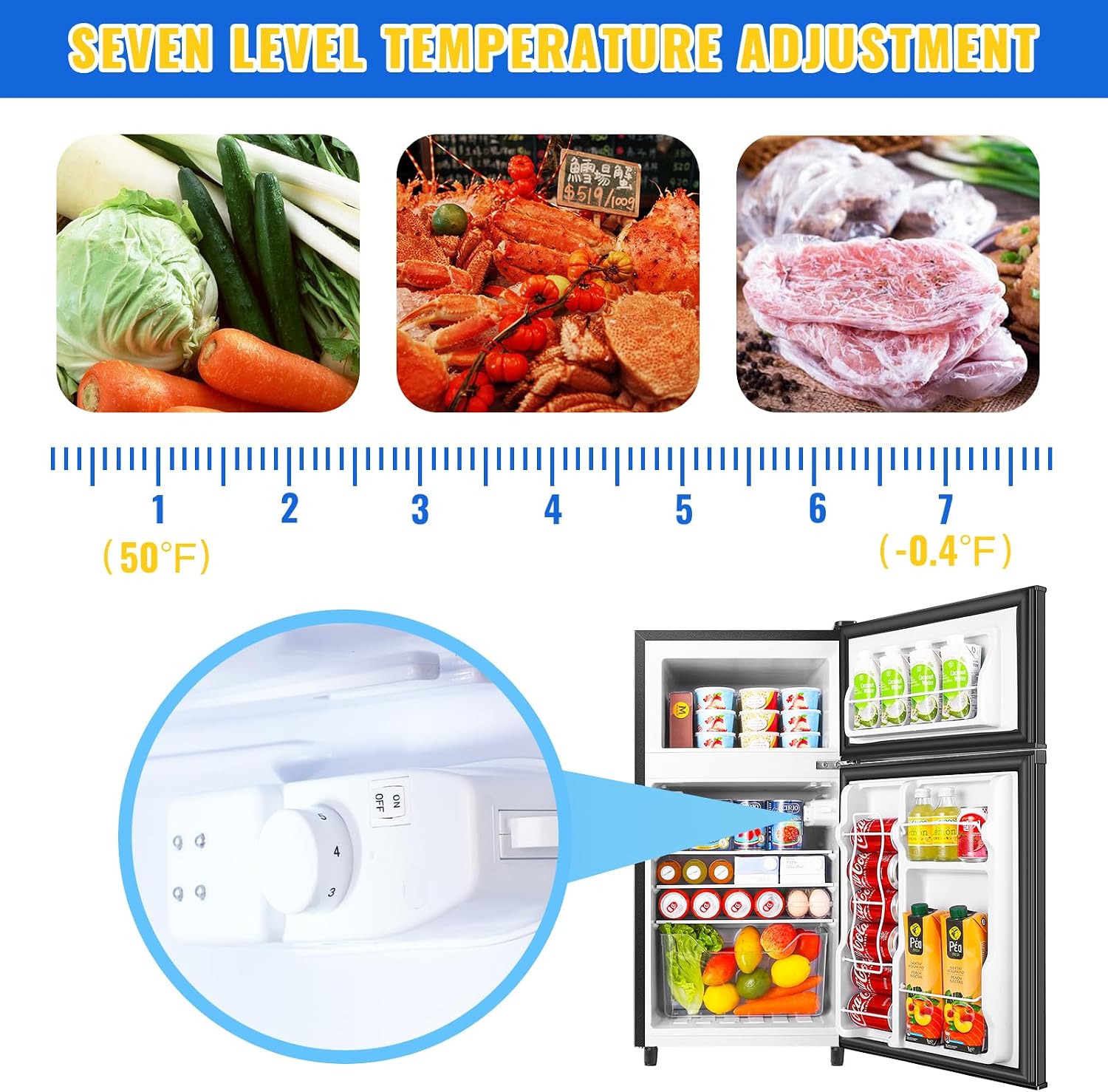 WANAI 3.5 Cu.Ft Mini Fridge With Freezer Freestanding Refrigerator with Freezer,7 Level Adjustable Thermostat Removable Shelves Small Refrigerator for Office Dorm Apartment Black