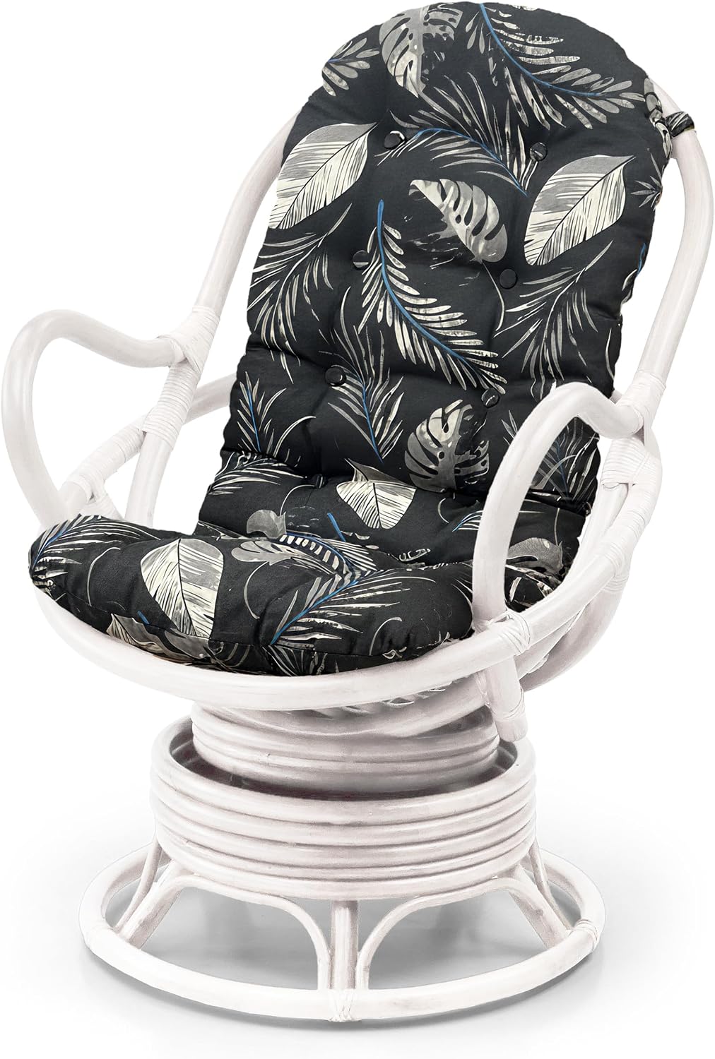 Java Lounge Swivel Rocking Chair with Black Leaf Cushion Natural Rattan Wicker Handmade, White Color