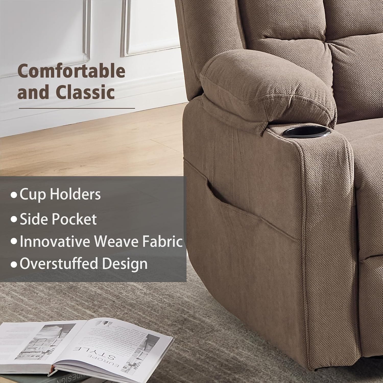 Ketaiyou Swivel Rocker Recliner Chair for Adults with Massage and Heat, Cup Holders and Side Pockets, Glider Rocking Reclining Single Sofa Chair for Living Room (Coffee)