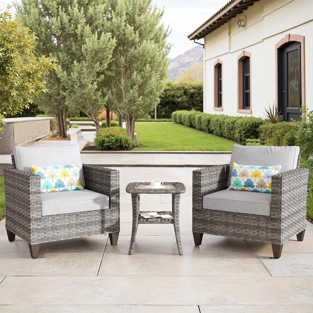 ovios 3 Pieces Patio Chair Set with Side Table, Outdoor Wicker Chairs of 2 with Comfy Cushions, High Back Rattan Armchairs Bistro Set for Porch Deck Garden, Grey