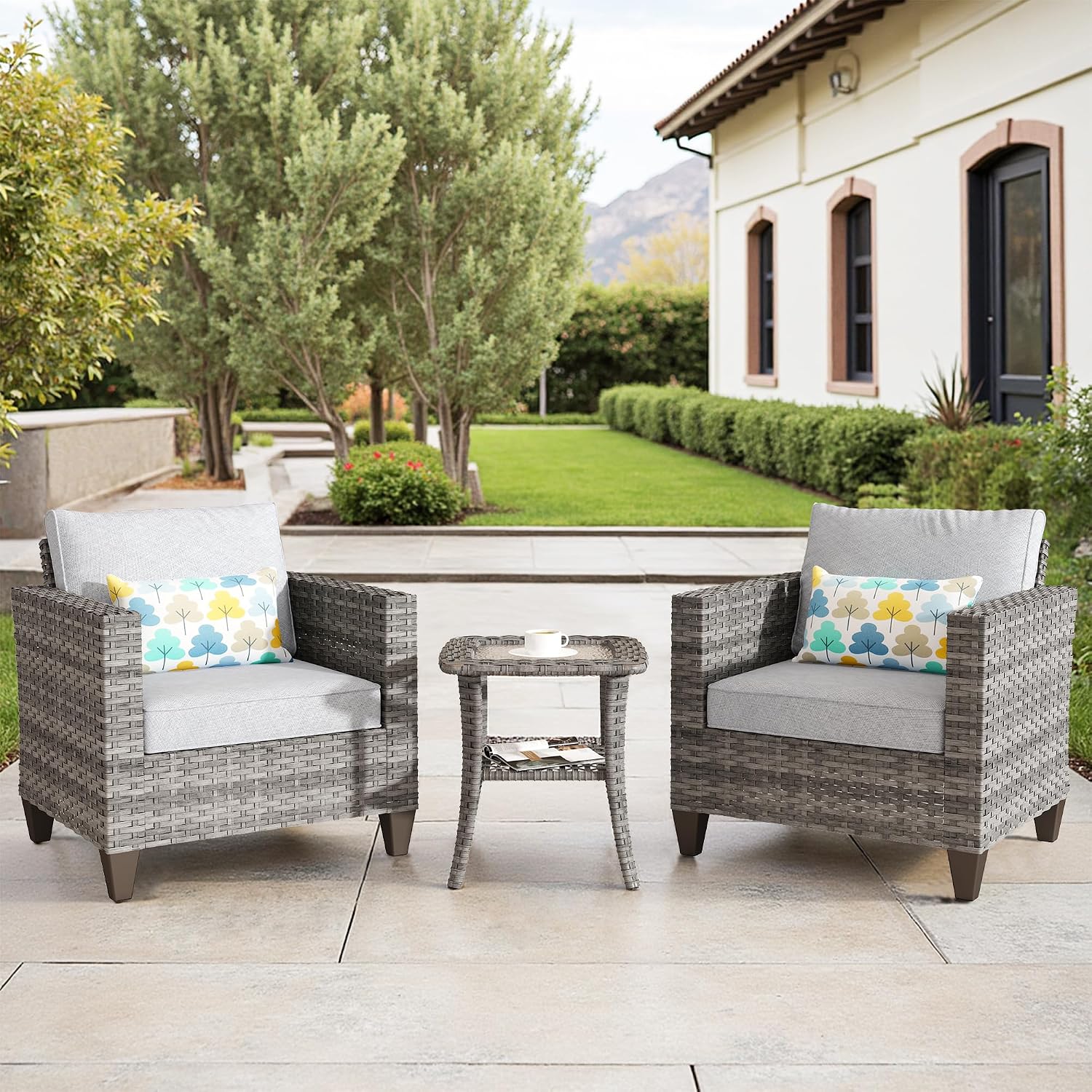 ovios 3 Pieces Patio Chair Set with Side Table, Outdoor Wicker Chairs of 2 with Comfy Cushions, High Back Rattan Armchairs Bistro Set for Porch Deck Garden, Grey