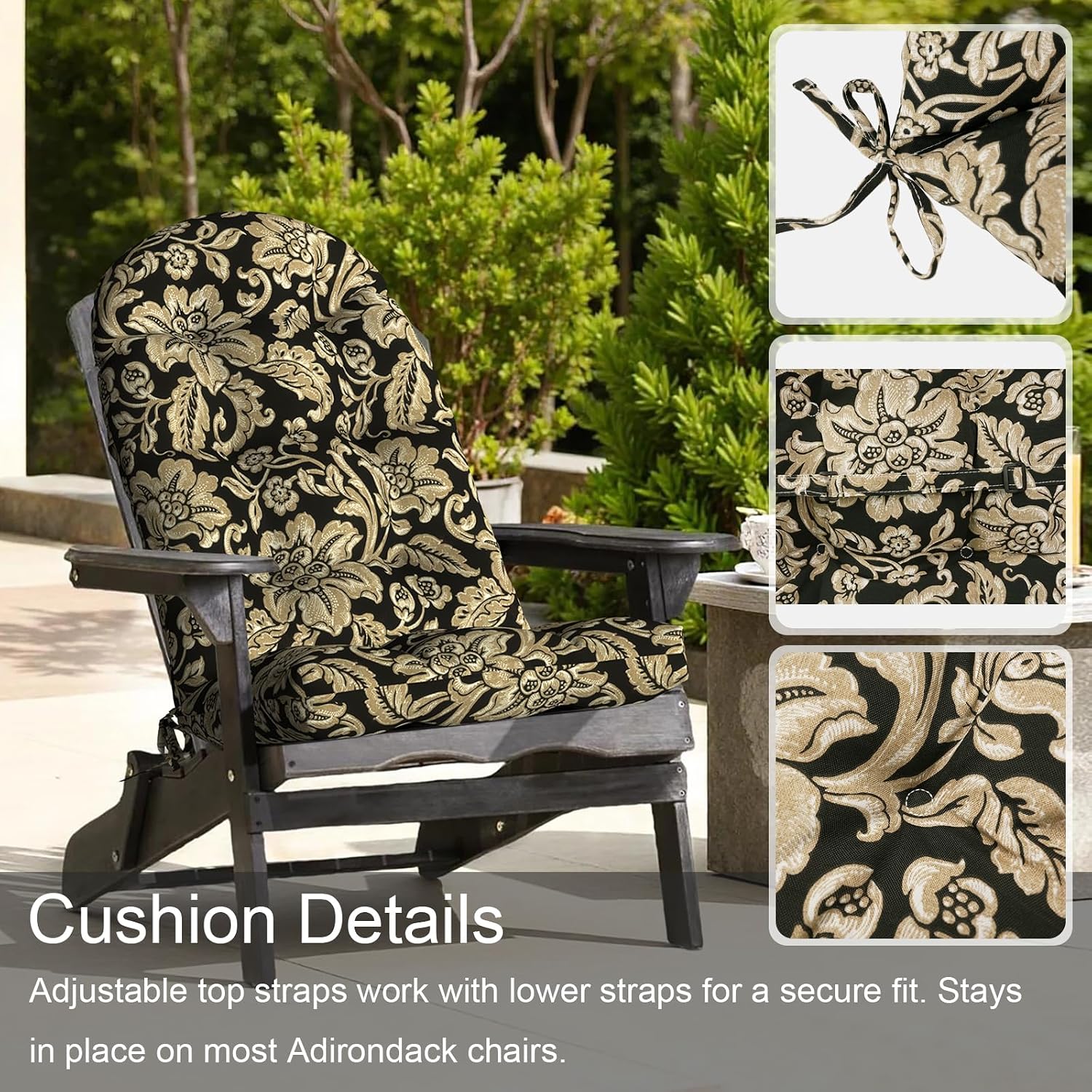 LVTXIII 2 Pack Outdoor Adirondack Chair Cushions, 44x19x4 Inch Water Repellent Patio Cushions for Rocking Chairs, Thick Tufted High Back Seat Cushion Set, Jacobean Black
