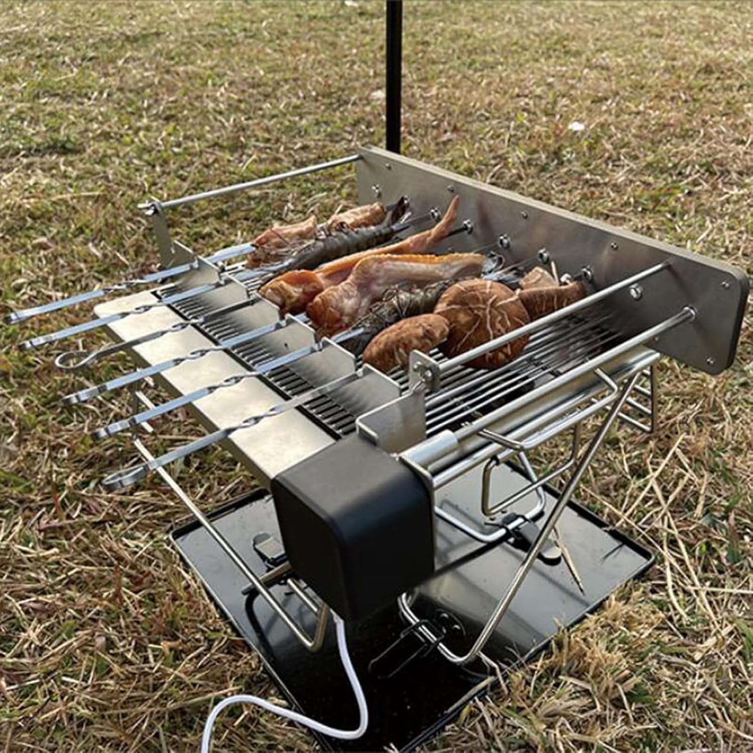 Electric Shish Grill Kabob Set, Stainless Steel Automatic Rotating Skewer Turner with 9pcs Skewers, Rotating Gear Design, High Torque, BBQ Grill Rack for Outdoor Camping