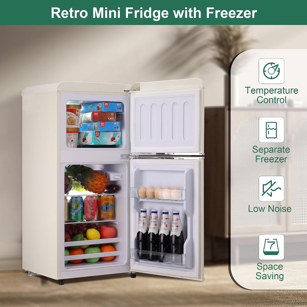 Retro Mini Fridge with Freezer 4.0 Cu. Ft, Small Refrigerator with 7 Level Adjustable Thermostat, Compact Classic Dual Door Fridge Removable Glass Shelves for Apartments, Dorm, Office, Cream
